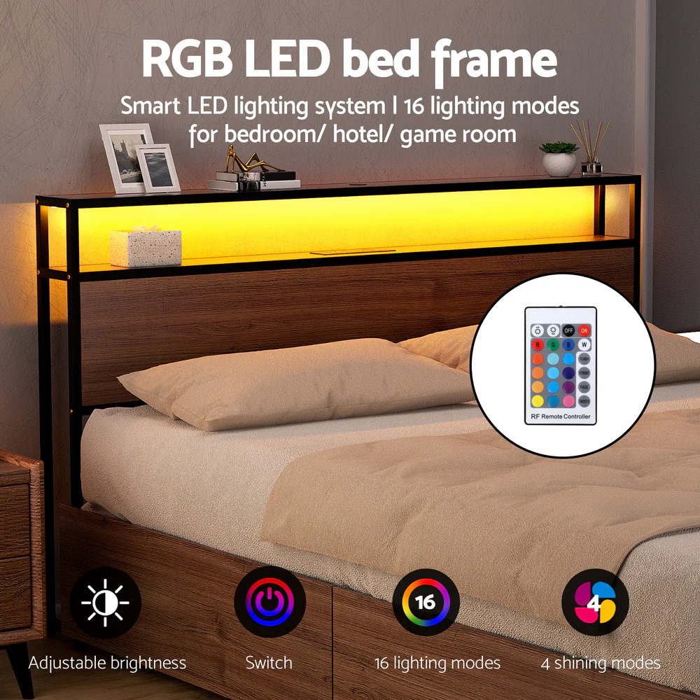 Artiss Metal Bed Frame King Size LED Storage Headboard USB Charge 4 Drawers - Image 6