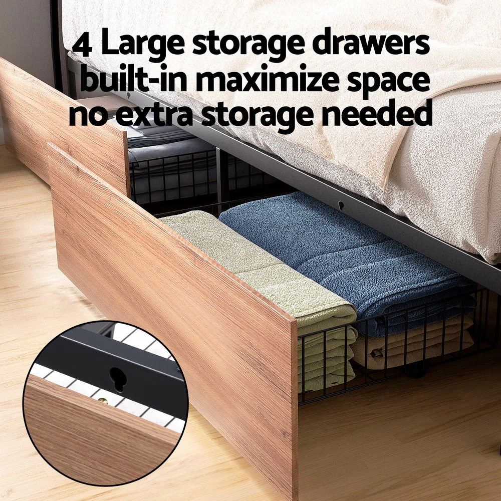 Artiss Metal Bed Frame King Size LED Storage Headboard USB Charge 4 Drawers - Image 7