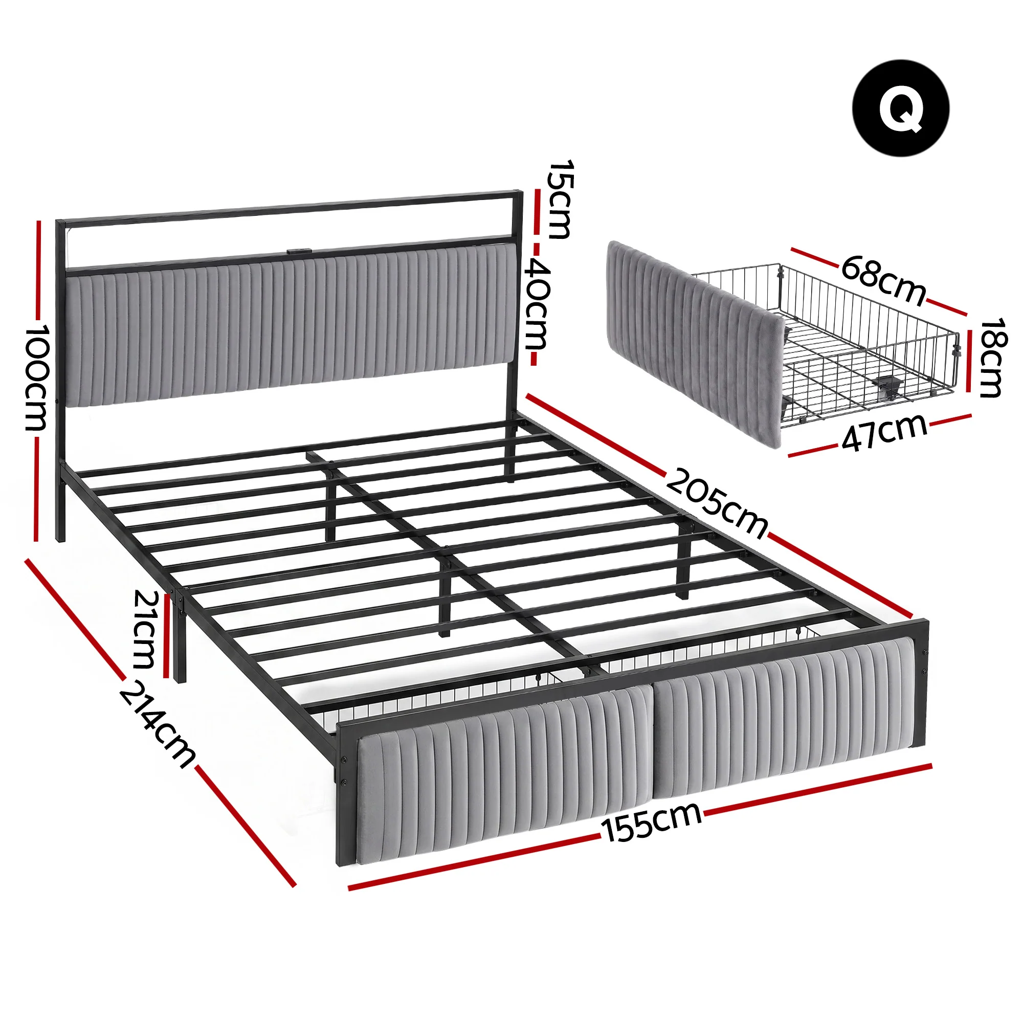 Artiss Metal Bed Frame Queen Size LED Charging Station 2 Drawers - Image 2