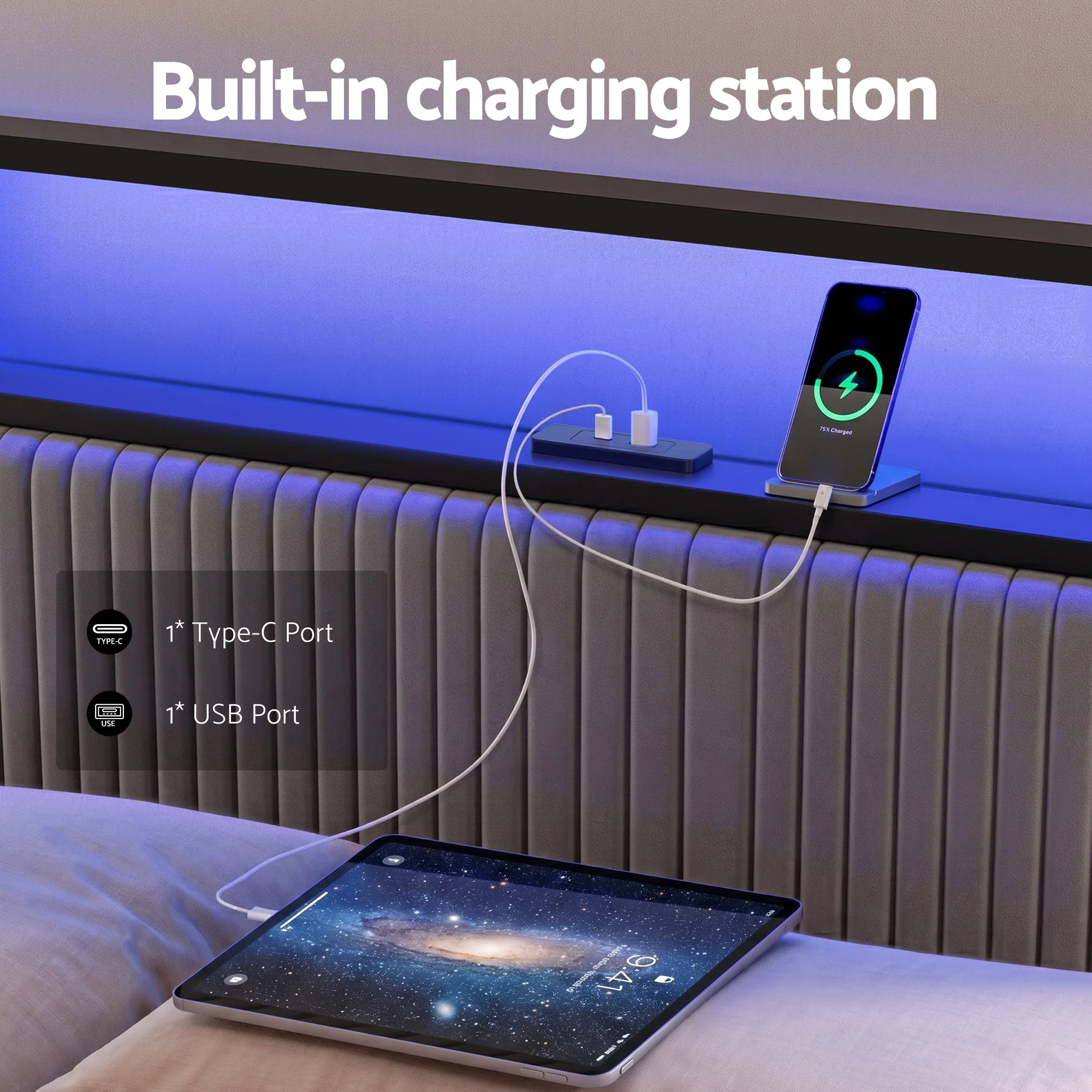 Artiss Metal Bed Frame Queen Size LED Charging Station 2 Drawers - Image 4