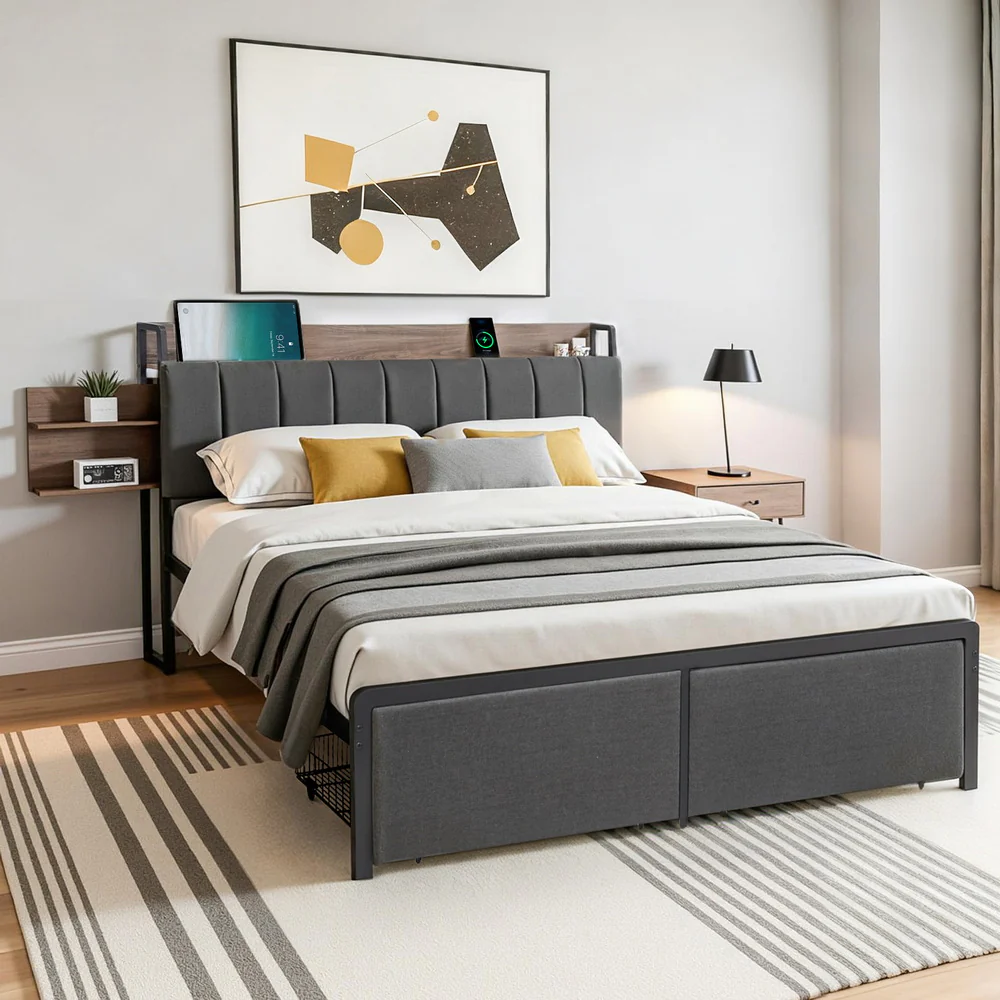 Artiss Metal Bed Frame Queen Size with 2-Tier Hidden Storage with Charging Station