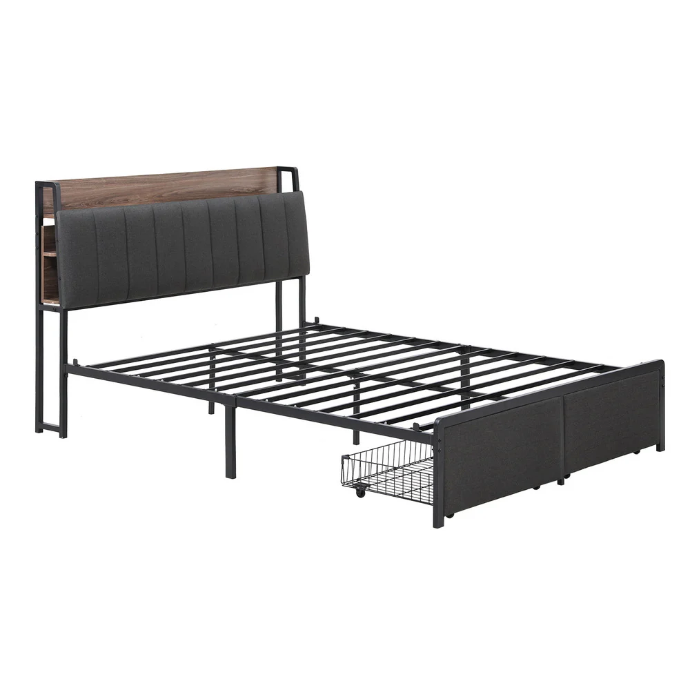 Artiss Metal Bed Frame Queen Size with 2-Tier Hidden Storage with Charging Station - Image 2