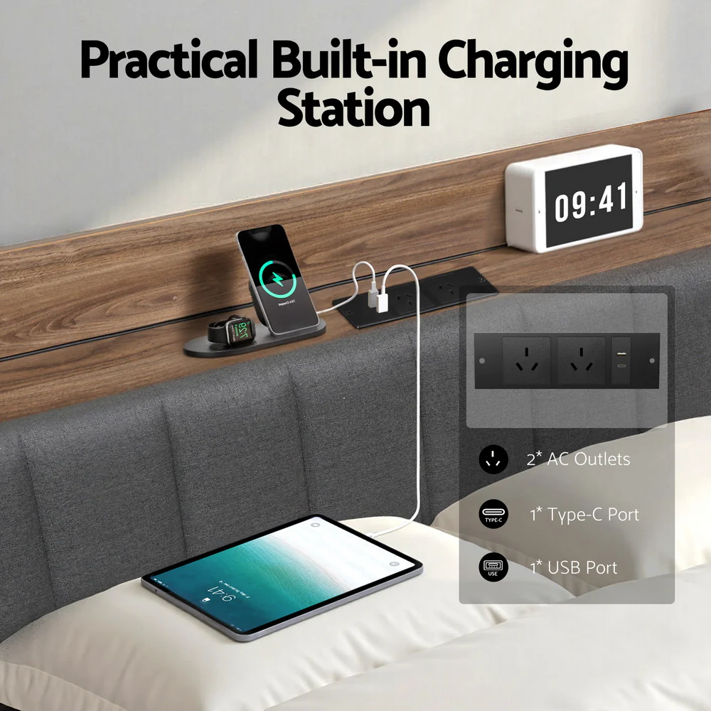 Artiss Metal Bed Frame Queen Size with 2-Tier Hidden Storage with Charging Station - Image 5