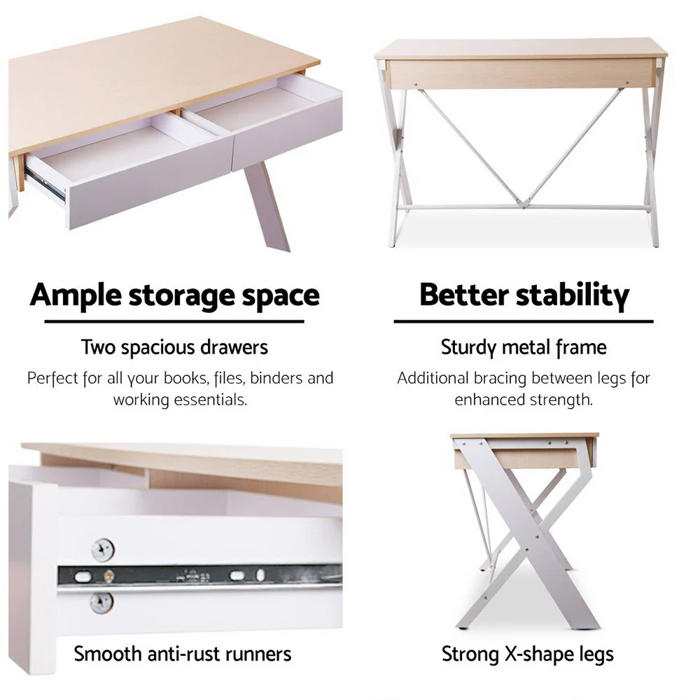 Artiss Metal Desk with Drawer - White with Oak Top - Image 5
