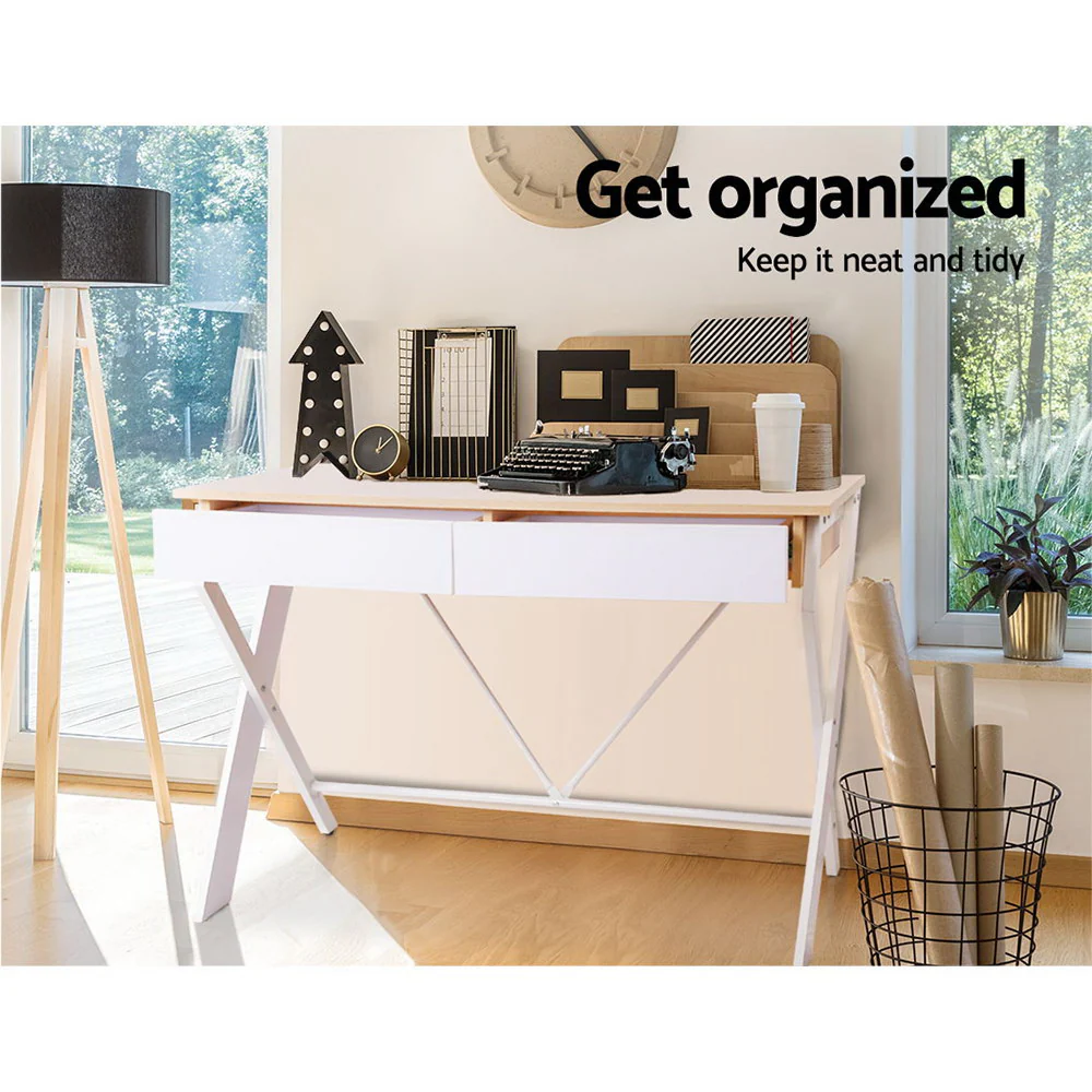 Artiss Metal Desk with Drawer - White with Oak Top - Image 6