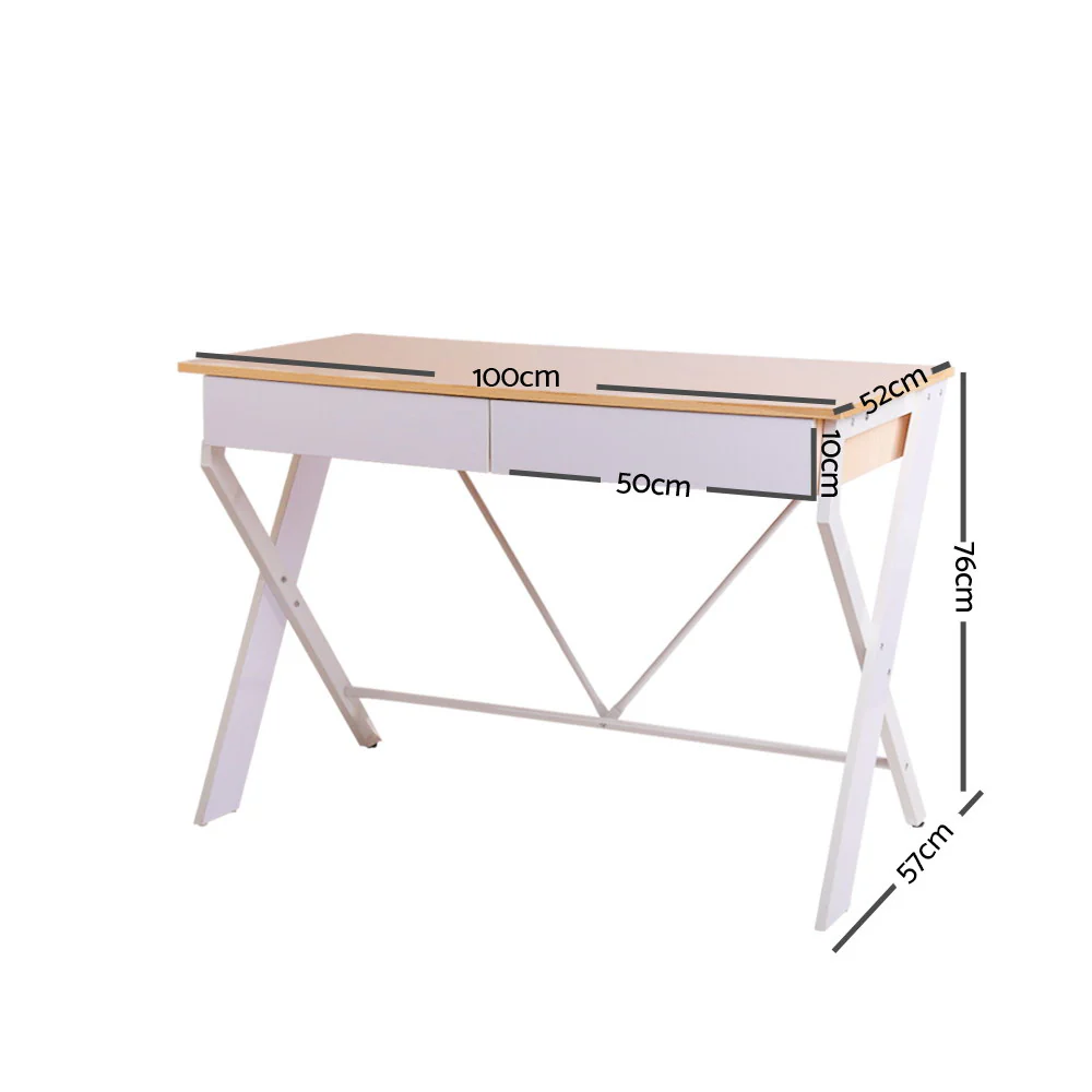 Artiss Metal Desk with Drawer - White with Oak Top - Image 7