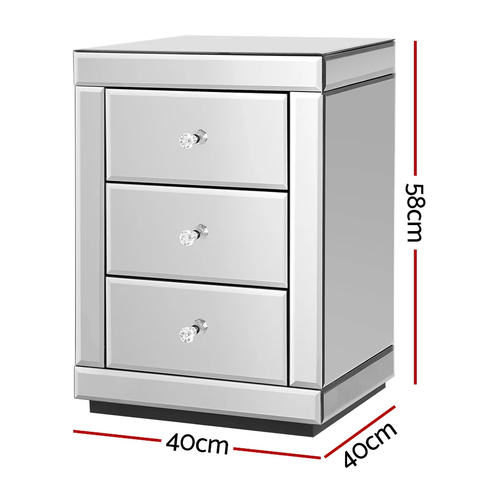 Artiss Bedside Table 3 Drawers Mirrored - PRESIA Silver - Image 2