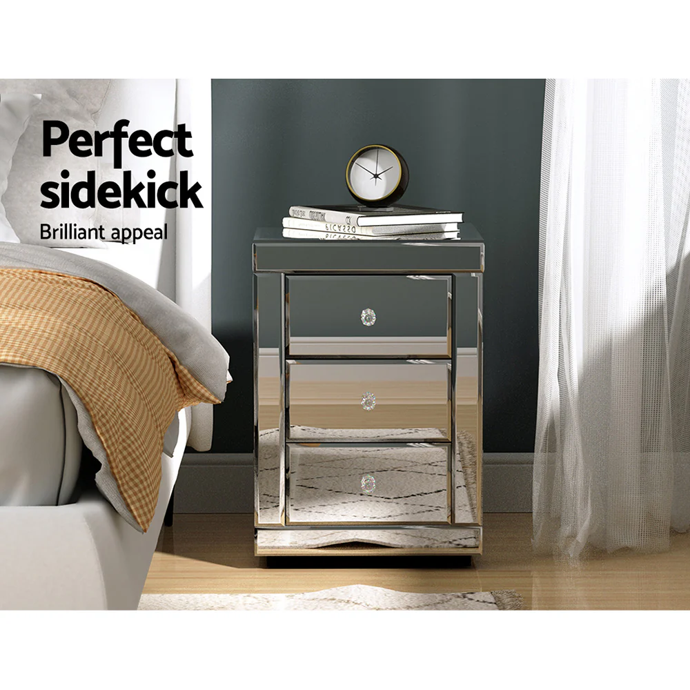 Artiss Bedside Table 3 Drawers Mirrored - PRESIA Silver - Image 5