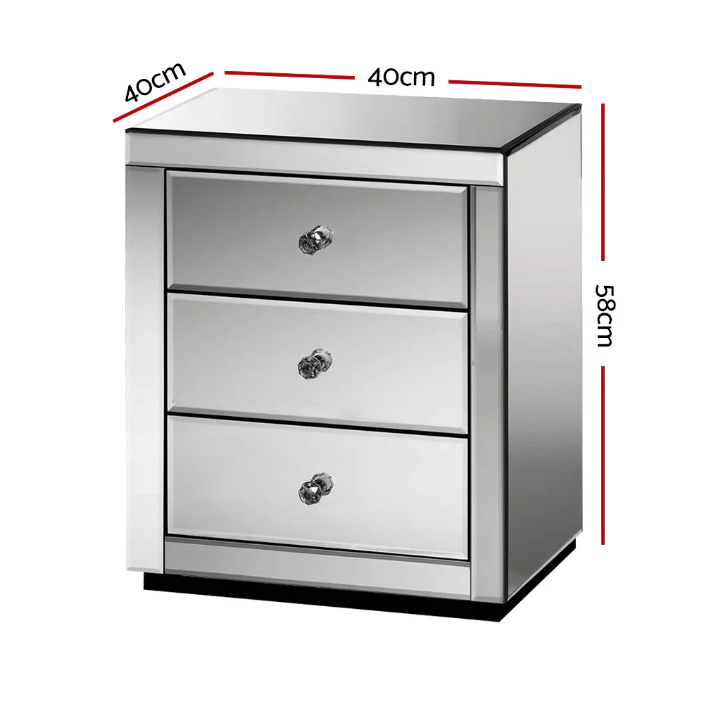 Artiss Bedside Table 3 Drawers Mirrored - PRESIA Grey - Image 2