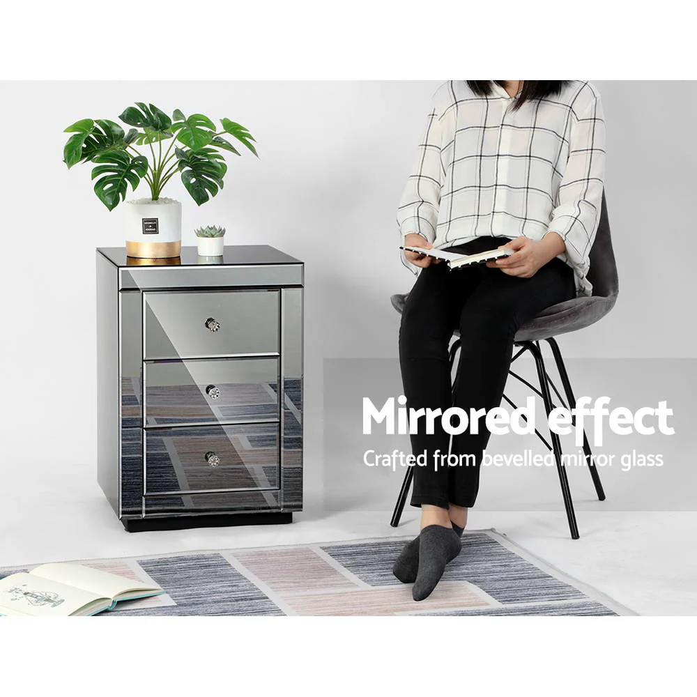 Artiss Bedside Table 3 Drawers Mirrored - PRESIA Grey - Image 6