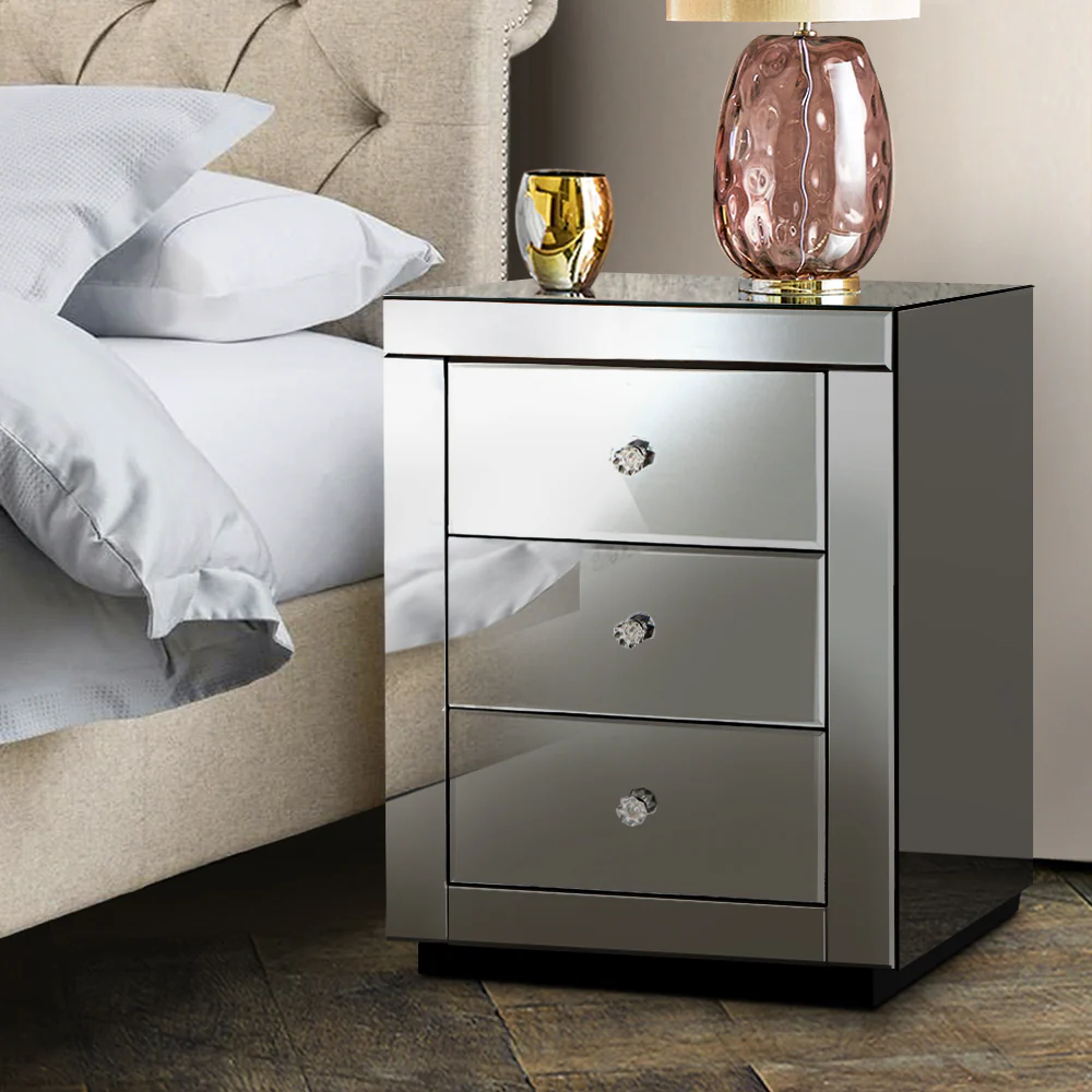 Artiss Bedside Table 3 Drawers Mirrored - PRESIA Grey - Image 8