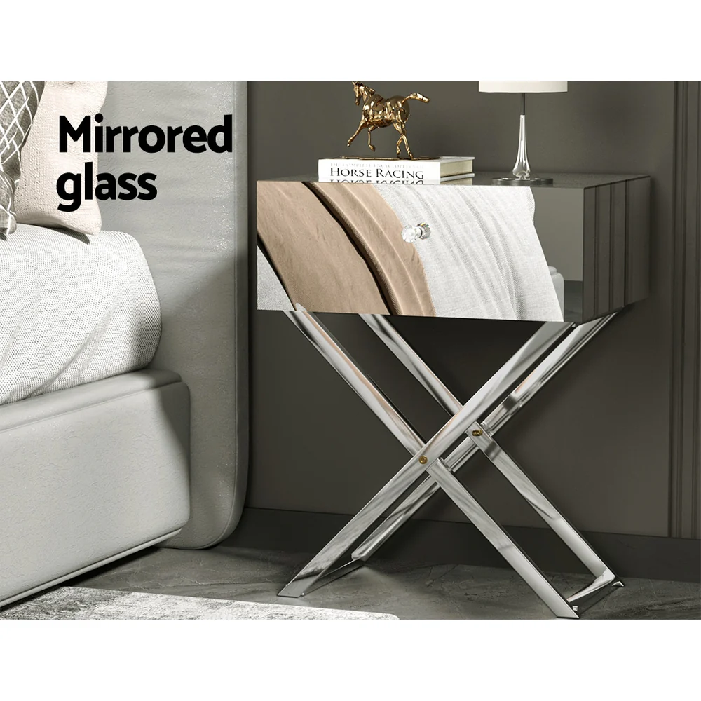 Artiss Mirrored Bedside Table Drawers Side Table Storage Nightstand Silver MOCO - Image 4