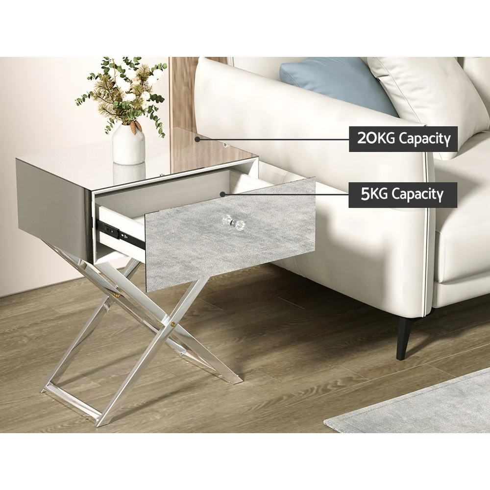 Artiss Mirrored Bedside Table Drawers Side Table Storage Nightstand Silver MOCO - Image 5