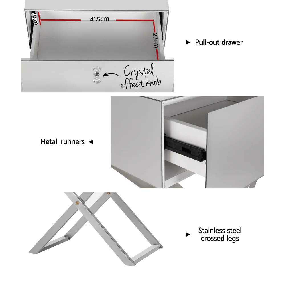 Artiss Mirrored Bedside Table Drawers Side Table Storage Nightstand Silver MOCO - Image 6