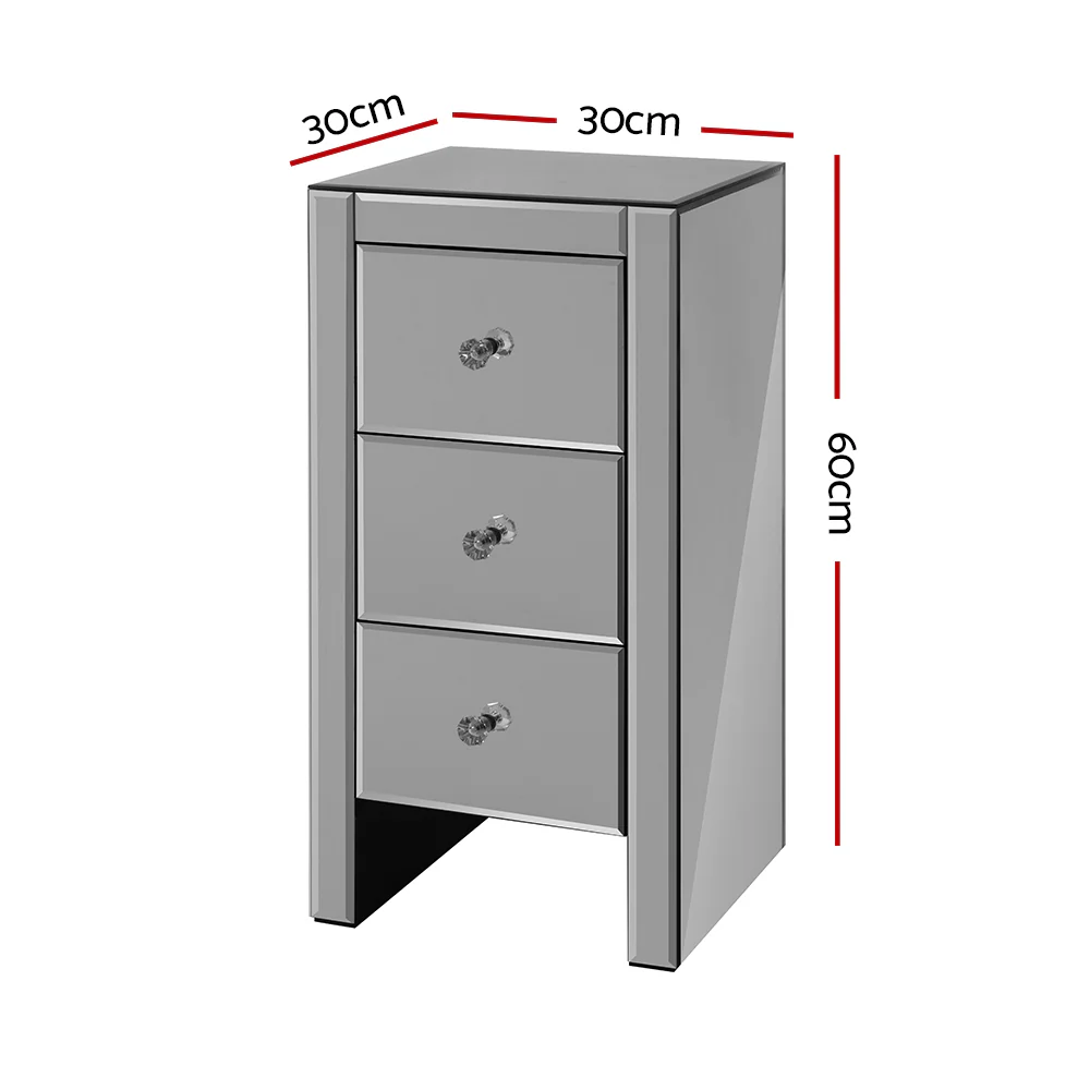 Artiss Bedside Table 3 Drawers Mirrored Glass - QUENN Grey - Image 2