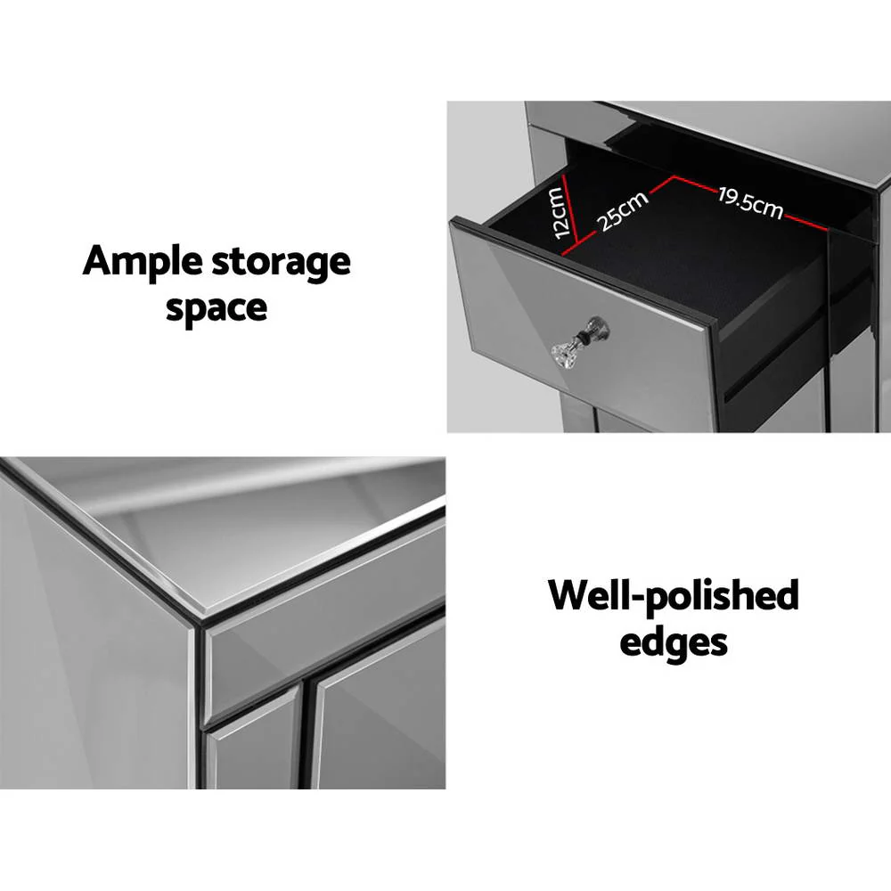 Artiss Bedside Table 3 Drawers Mirrored Glass - QUENN Grey - Image 5