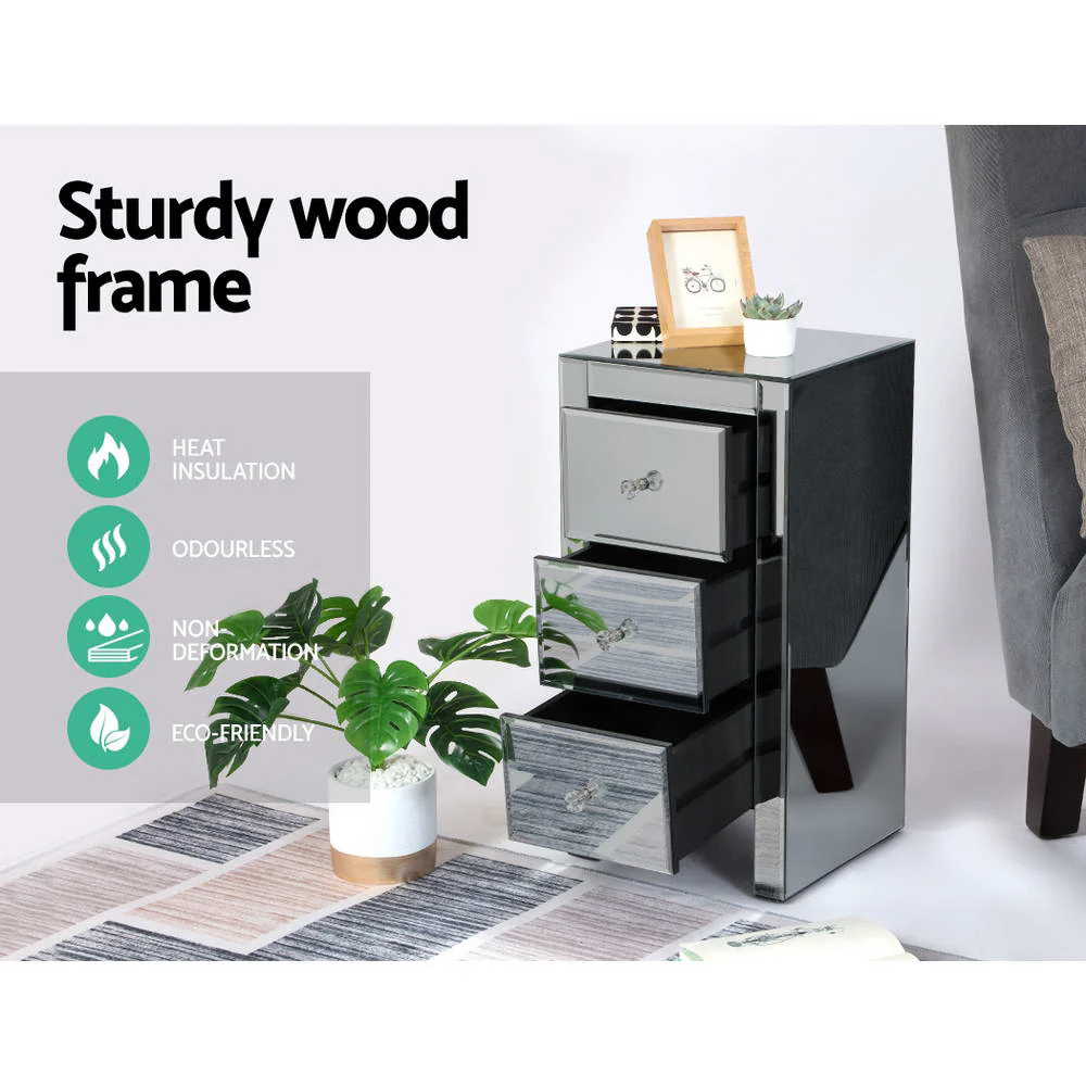 Artiss Bedside Table 3 Drawers Mirrored Glass - QUENN Grey - Image 7