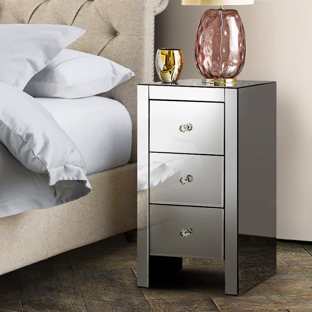 Artiss Bedside Table 3 Drawers Mirrored Glass - QUENN Grey - Image 8