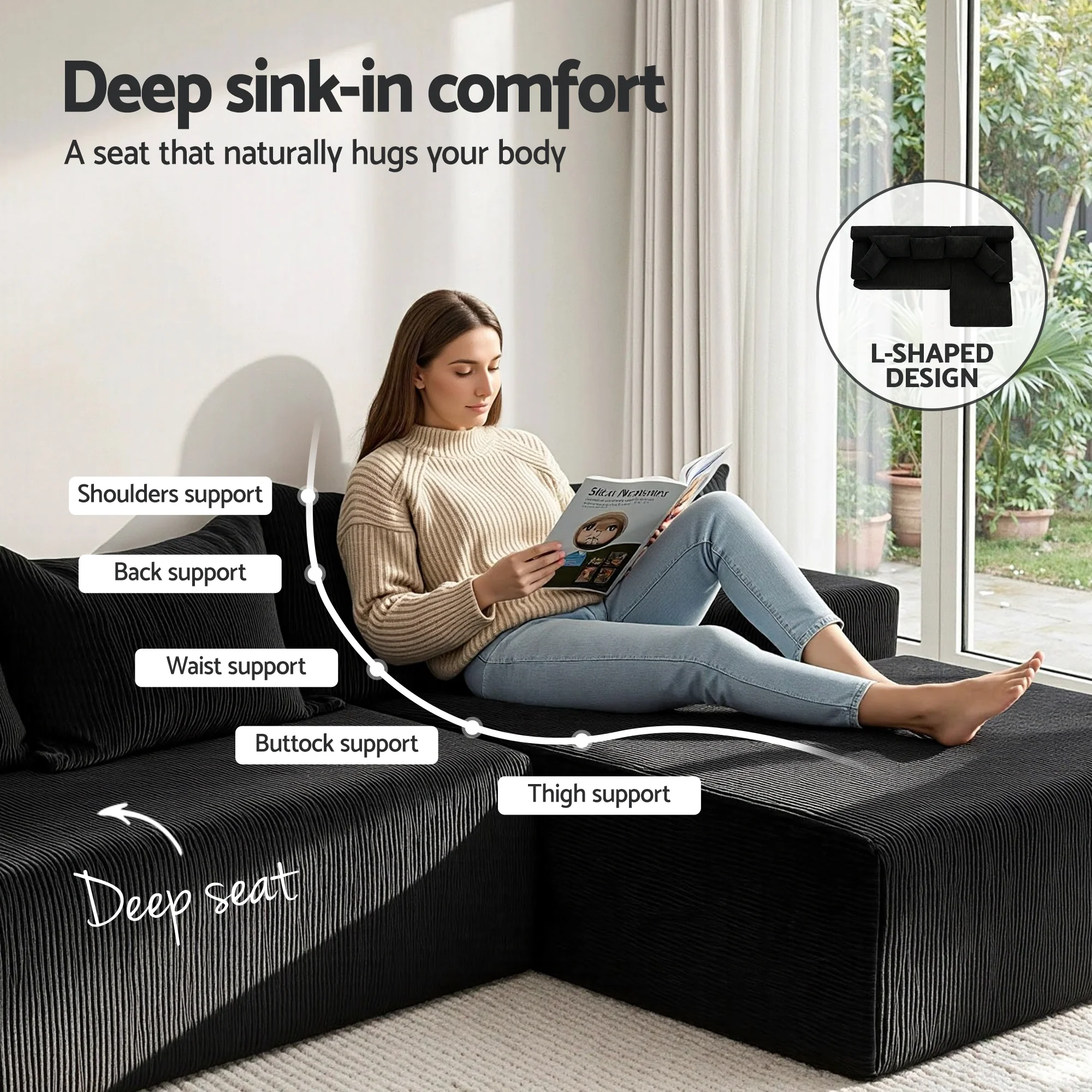 Artiss Modular Sectional Sofa Bed Convertible L-Shaped Couch with Deep Seat for Living Room - Image 6