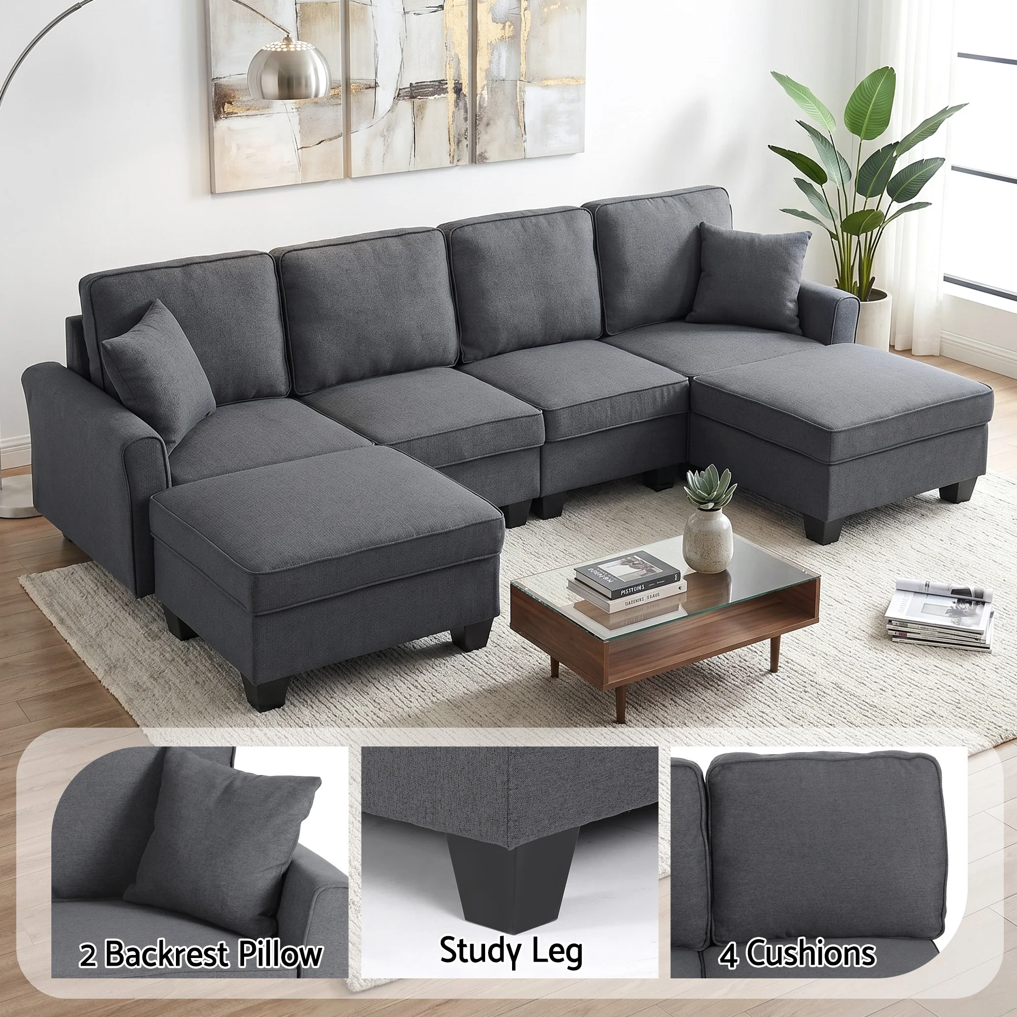 Artiss Modular Sectional U Shaped Storage Sofa Couches for Living Room Grey - Image 6