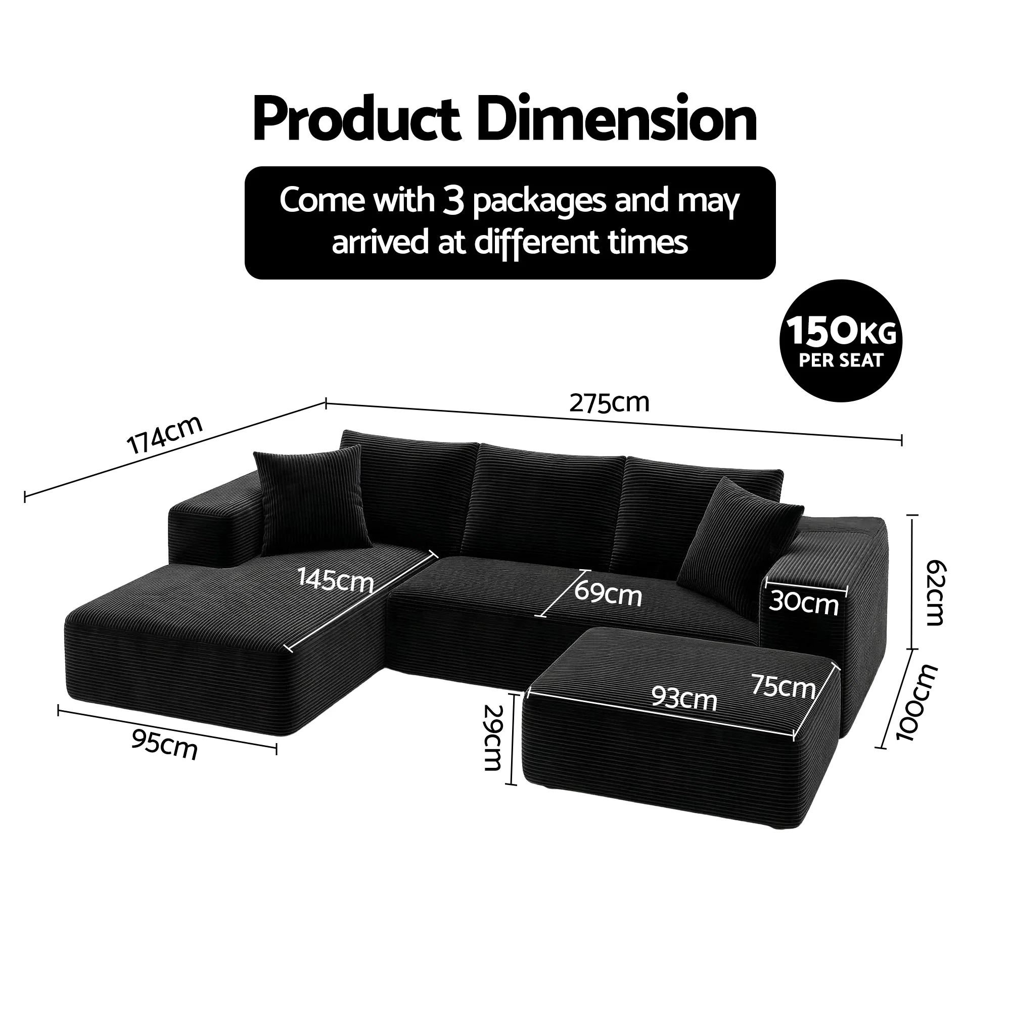 Artiss Modular Sofa Bed with Ottoman Sectional Boneless Couches for Living Room Corduroy Compressed Sofa Black - Image 3