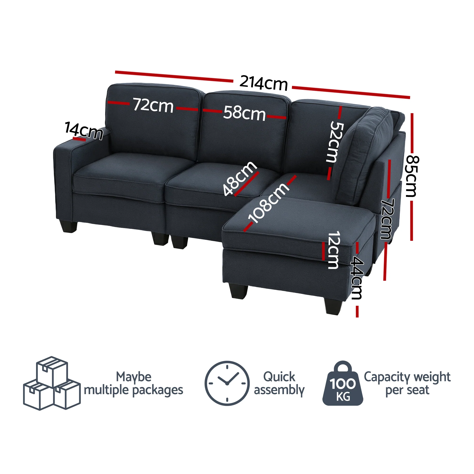 Artiss Modular Sofa Chaise Set 4-seater Dark Grey - Image 3