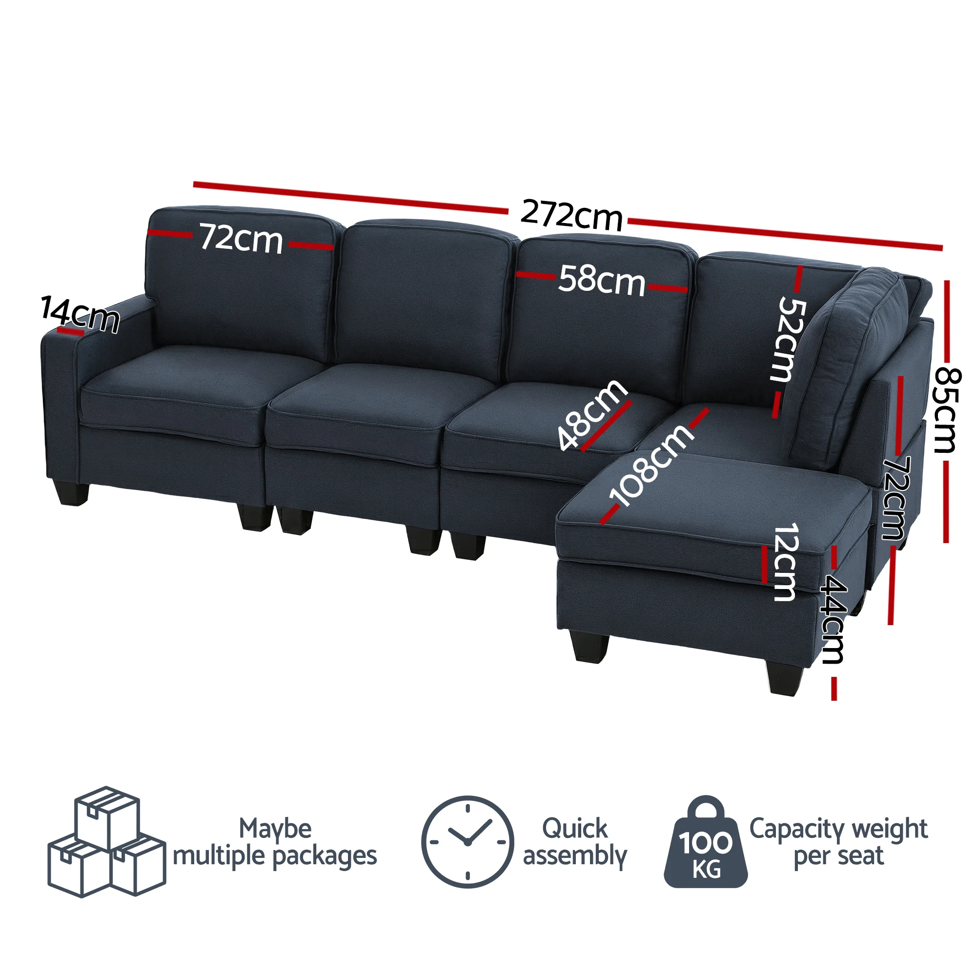 Artiss Modular Sofa Chaise Set 5-seater Dark Grey - Image 3