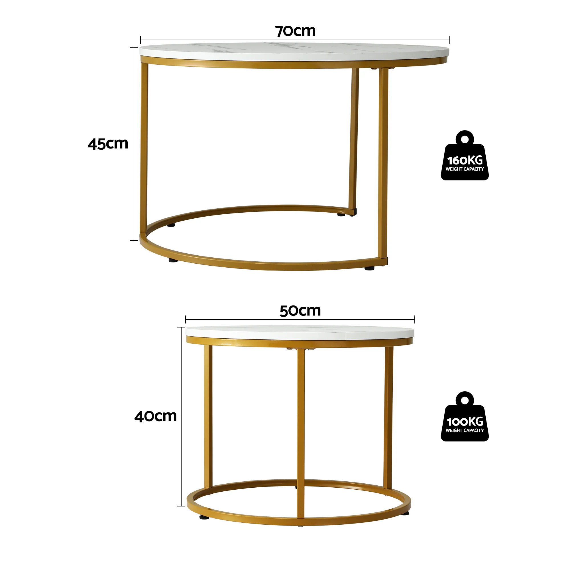 Artiss Nesting Coffee Table Set of 2 Round Marble Effect 70/50cm White & Gold - Image 3