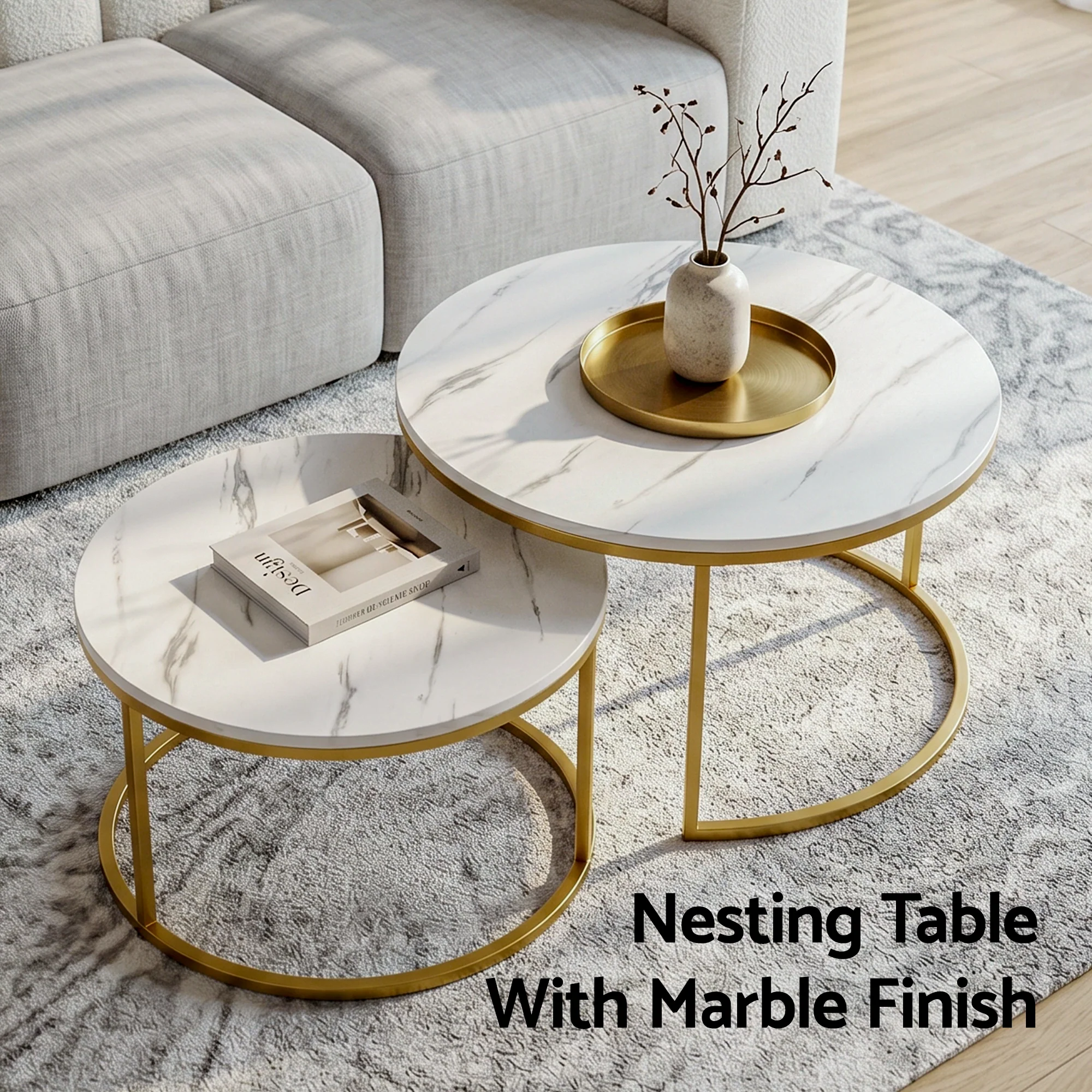 Artiss Nesting Coffee Table Set of 2 Round Marble Effect 70/50cm White & Gold - Image 5