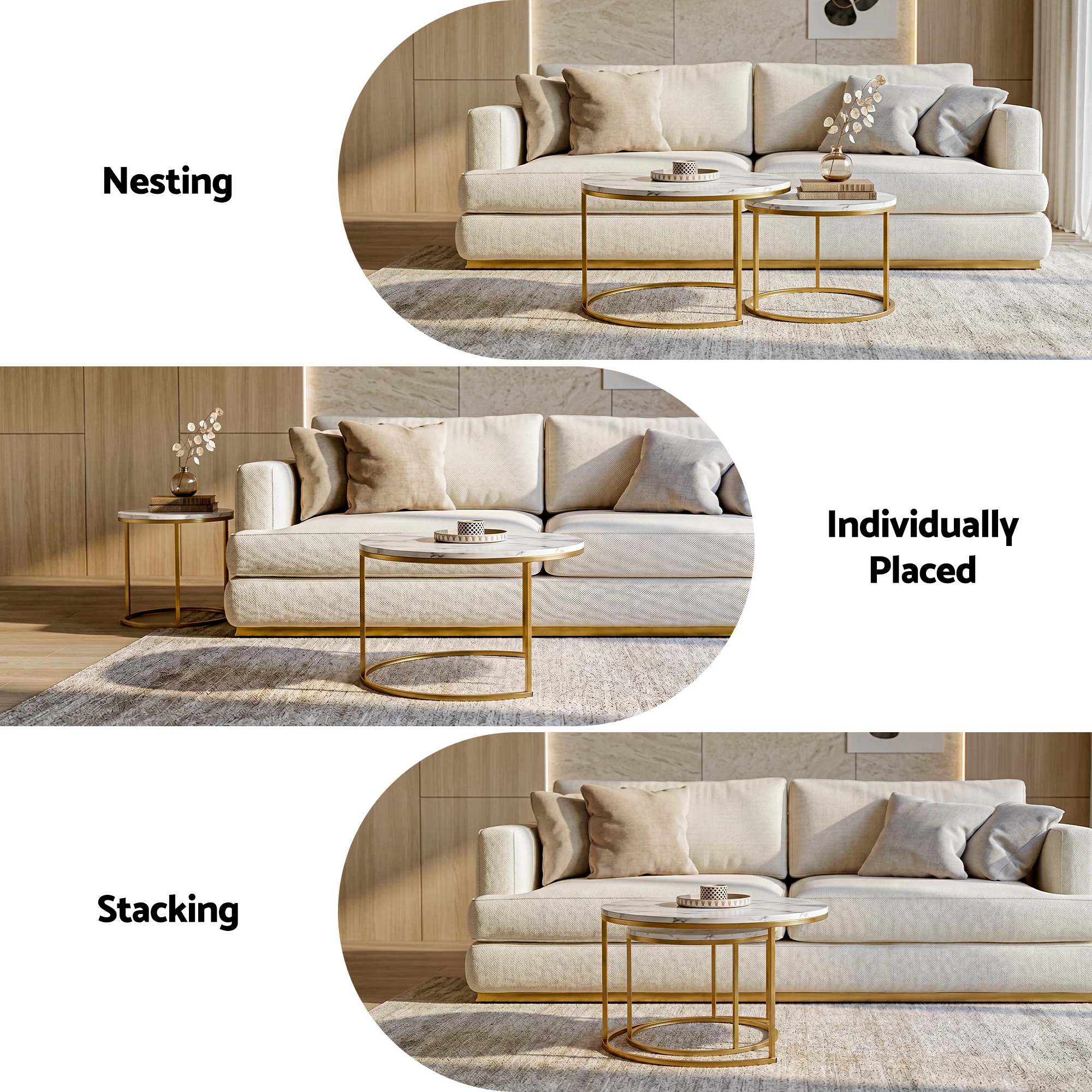 Artiss Nesting Coffee Table Set of 2 Round Marble Effect 70/50cm White & Gold - Image 6
