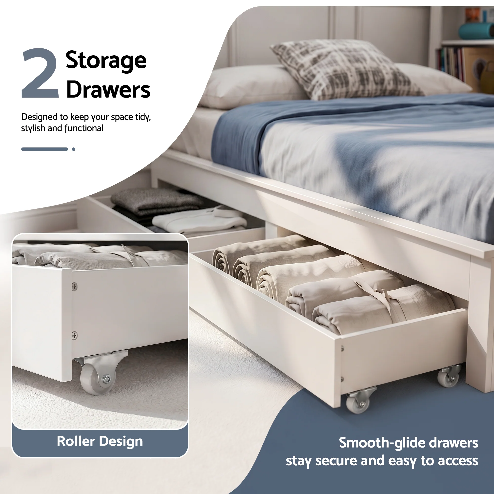 Artiss Noise-Free White Farmhouse Solid Wood Double Platform Bed Frame with Storage Headboard, Charging Station and Drawers for Bedroom and Apartment - Image 6