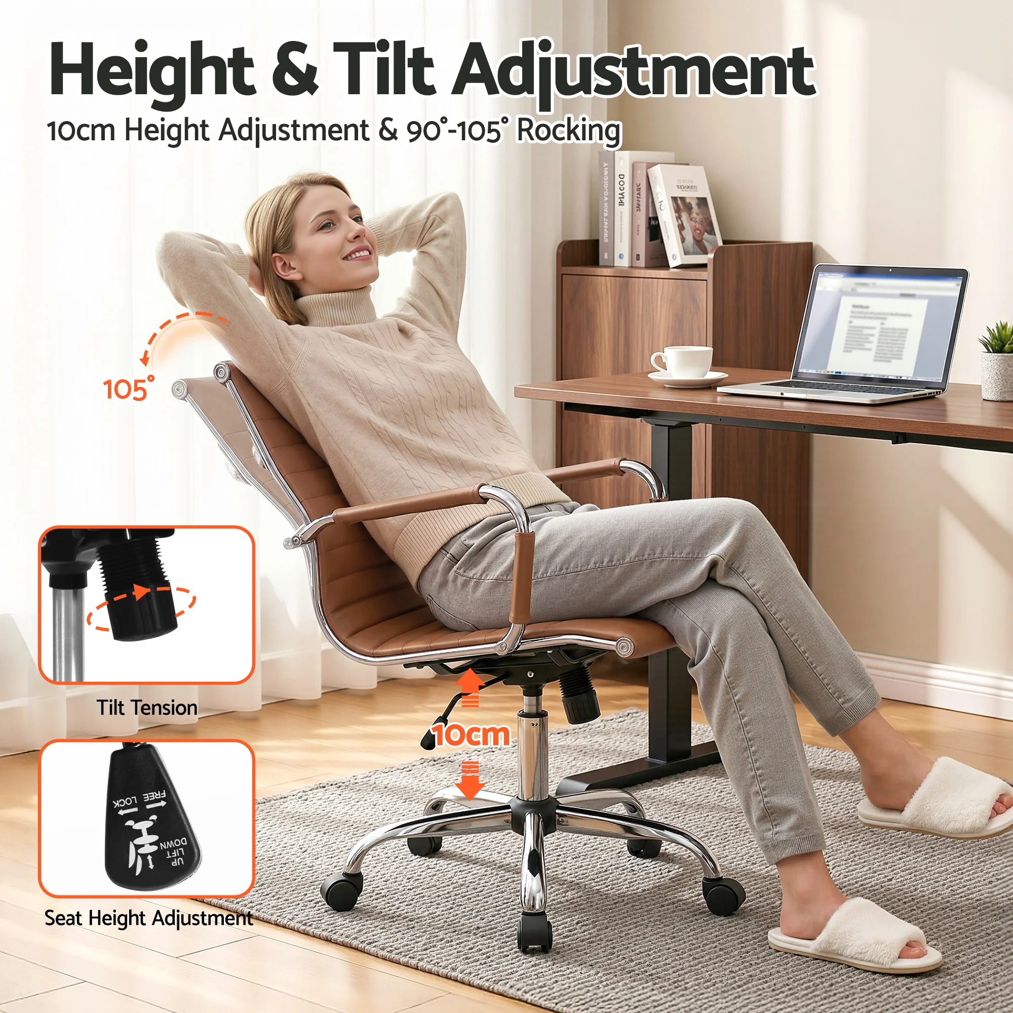 Artiss Office Chair Conference Chairs PU Leather Mid Back Brown - Image 5