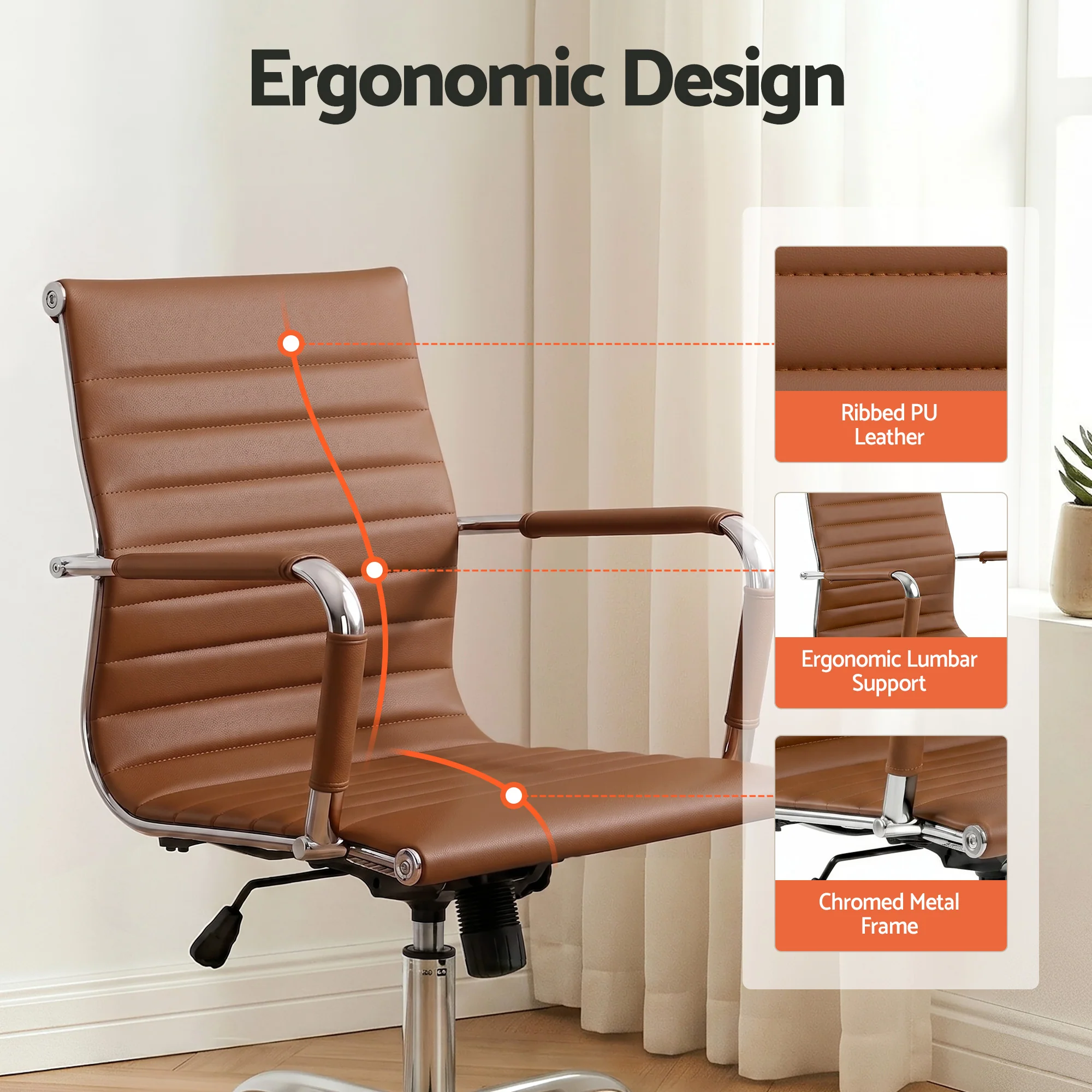 Artiss Office Chair Conference Chairs PU Leather Mid Back Brown - Image 6