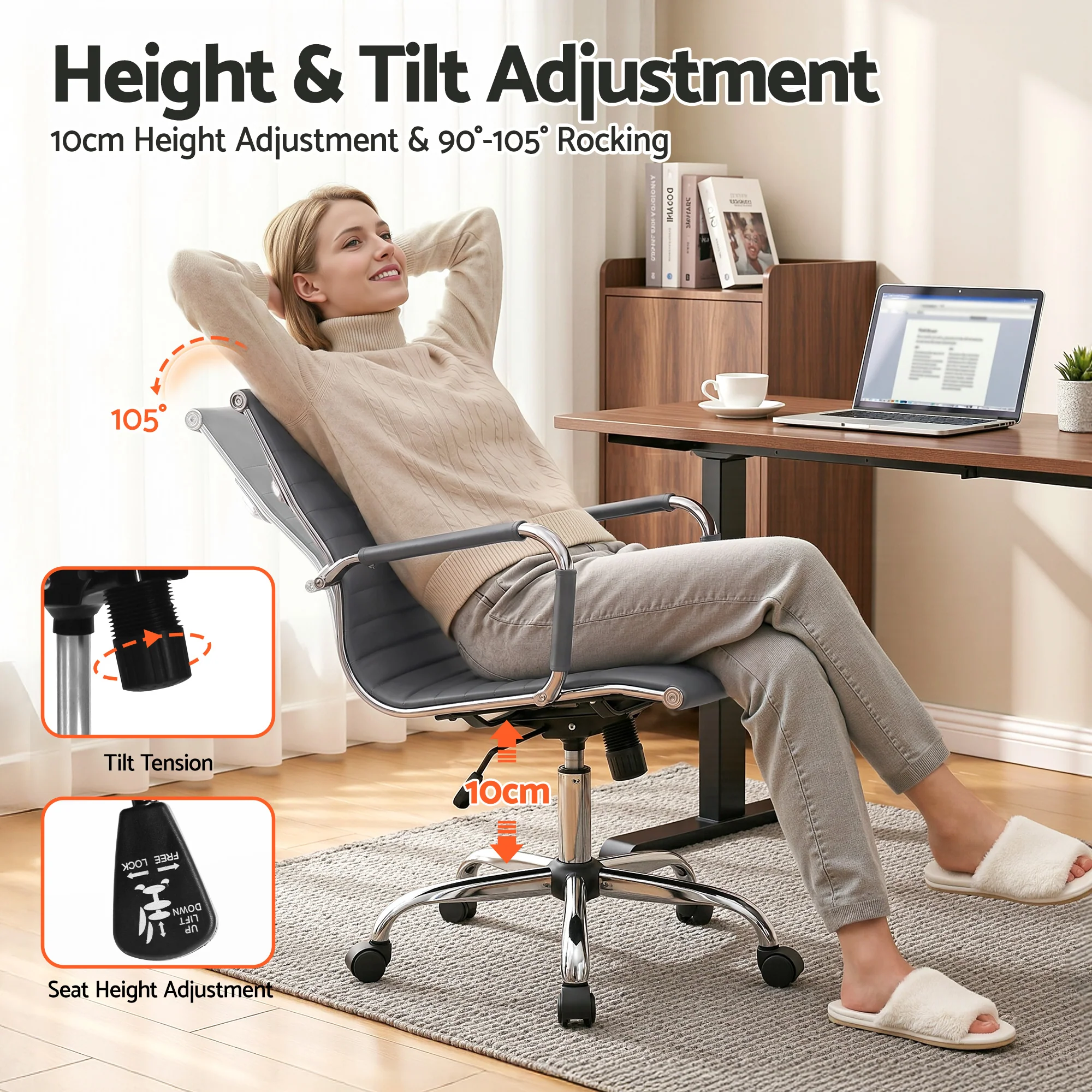 Artiss Office Chair Conference Chairs PU Leather Mid Back Grey - Image 5