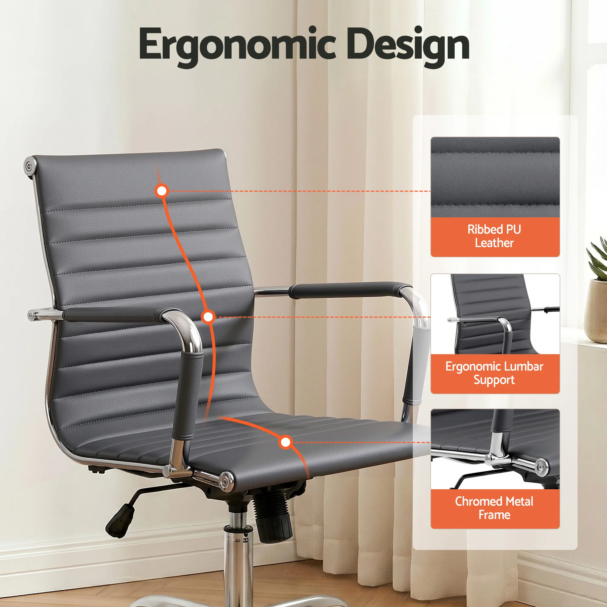 Artiss Office Chair Conference Chairs PU Leather Mid Back Grey - Image 6