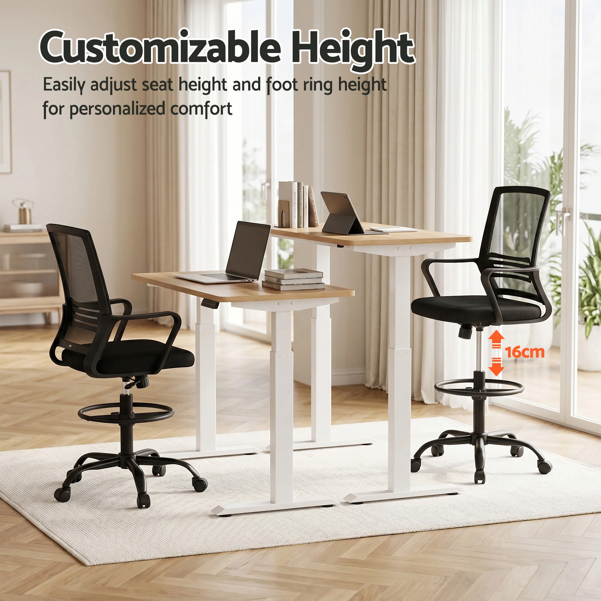 Artiss Office Chair Drafting Chairs Stool Computer Desk Studios Mesh Black - Image 5