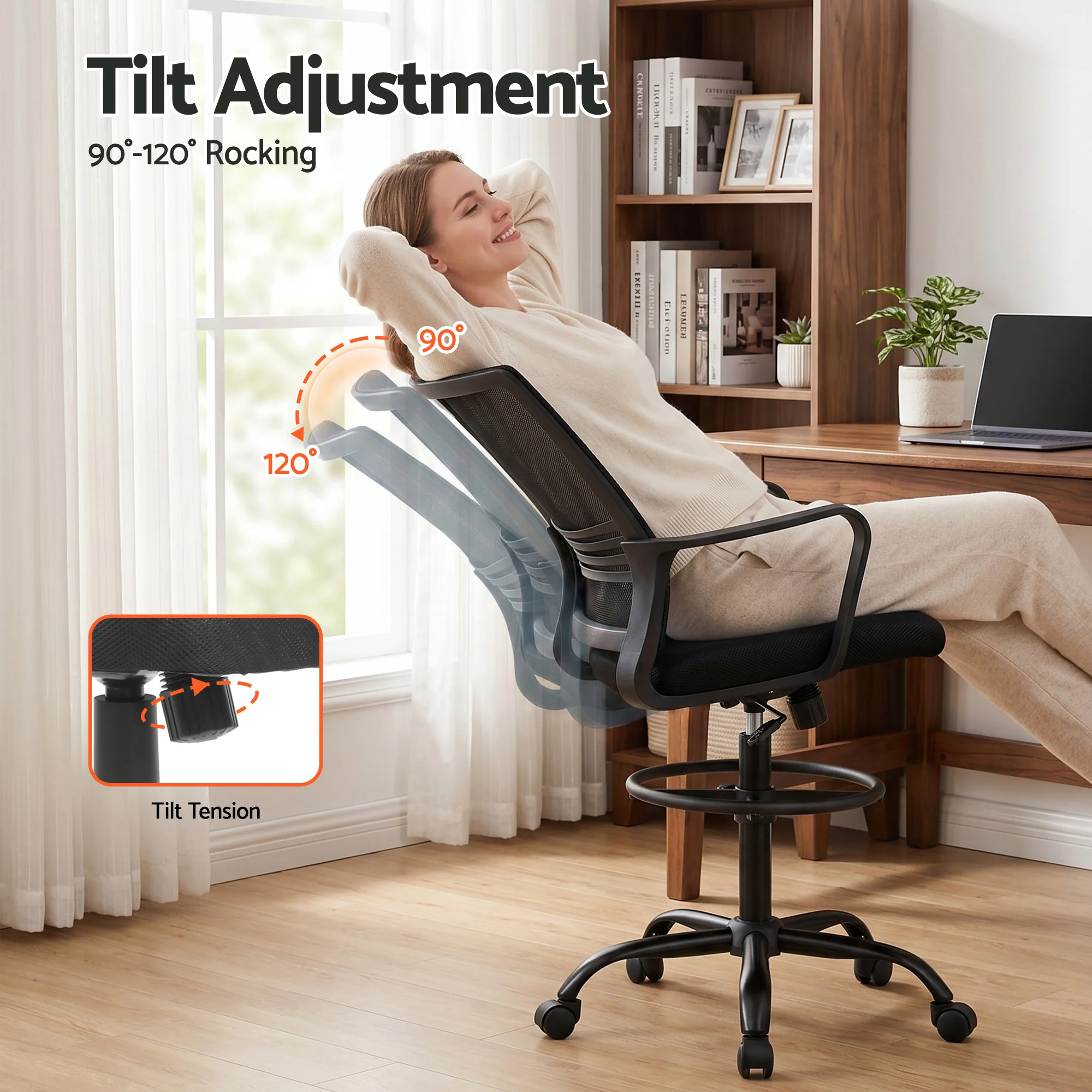 Artiss Office Chair Drafting Chairs Stool Computer Desk Studios Mesh Black - Image 6