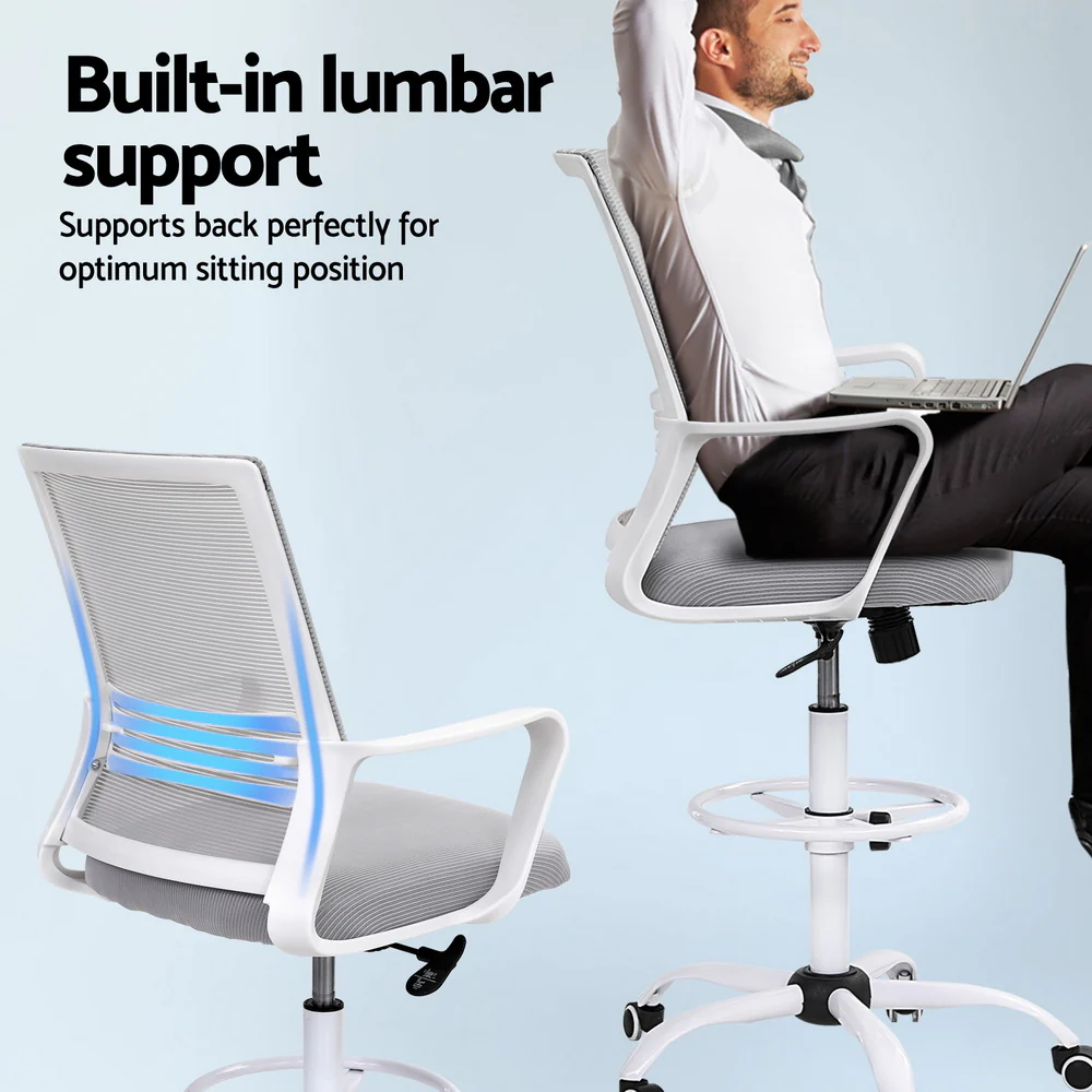 Artiss Office Chair Drafting Chairs Stool Computer Desk Studios Mesh White - Image 5