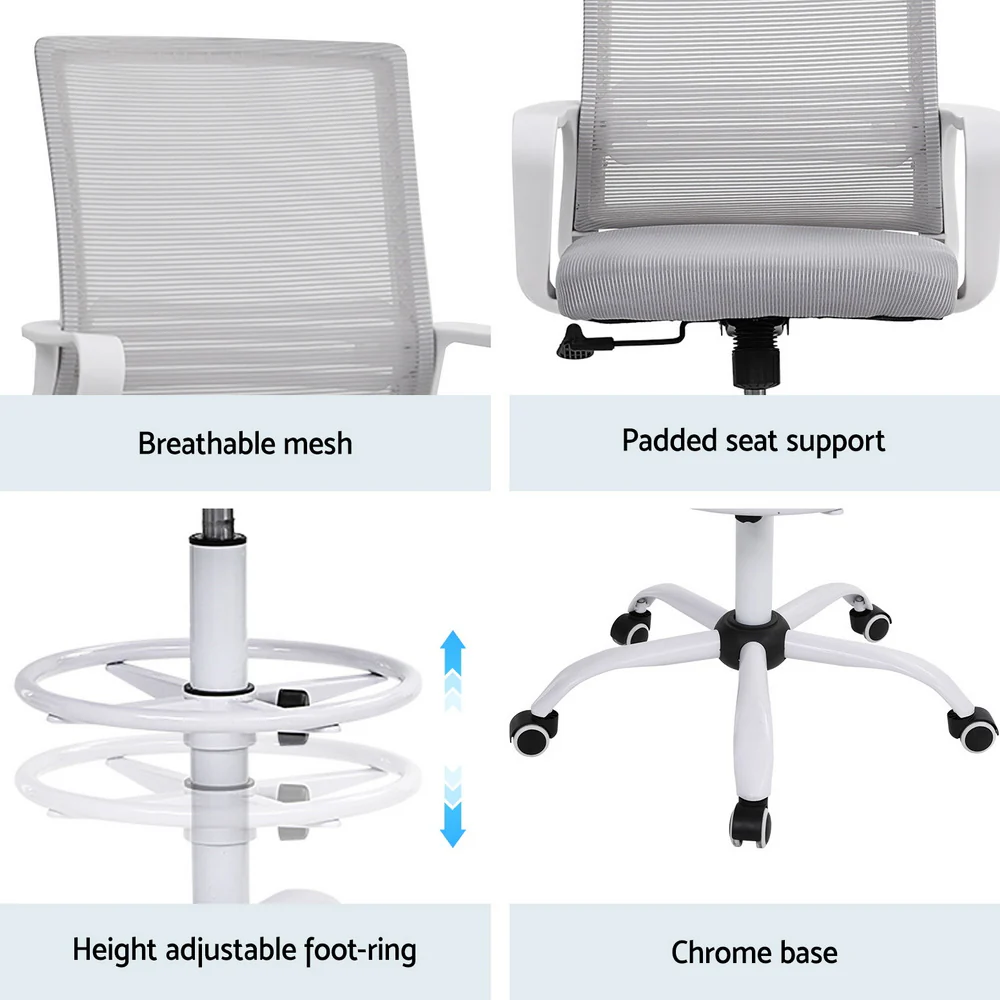 Artiss Office Chair Drafting Chairs Stool Computer Desk Studios Mesh White - Image 6