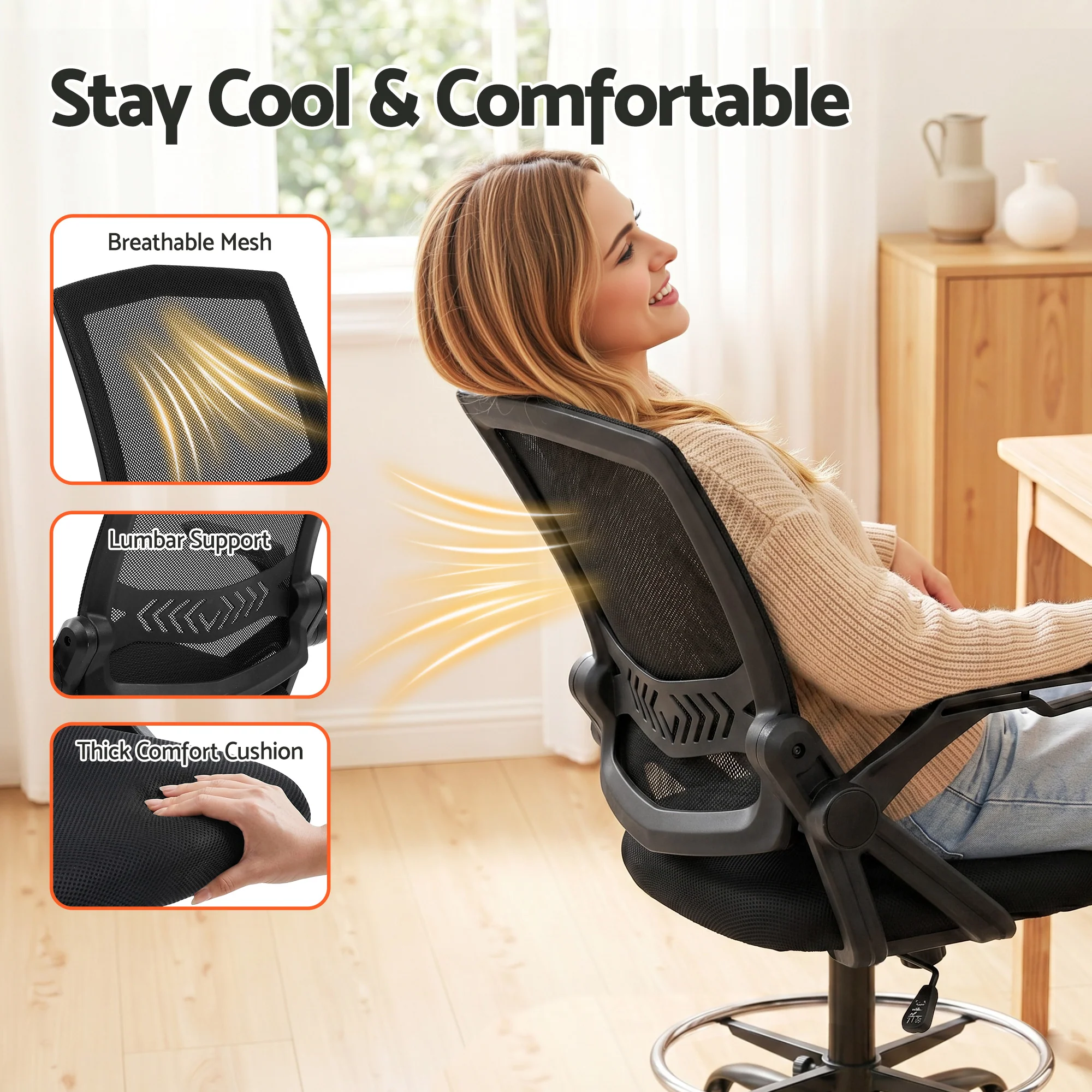 Artiss Office Chair Drafting Stool Mesh Chairs Black - Image 7