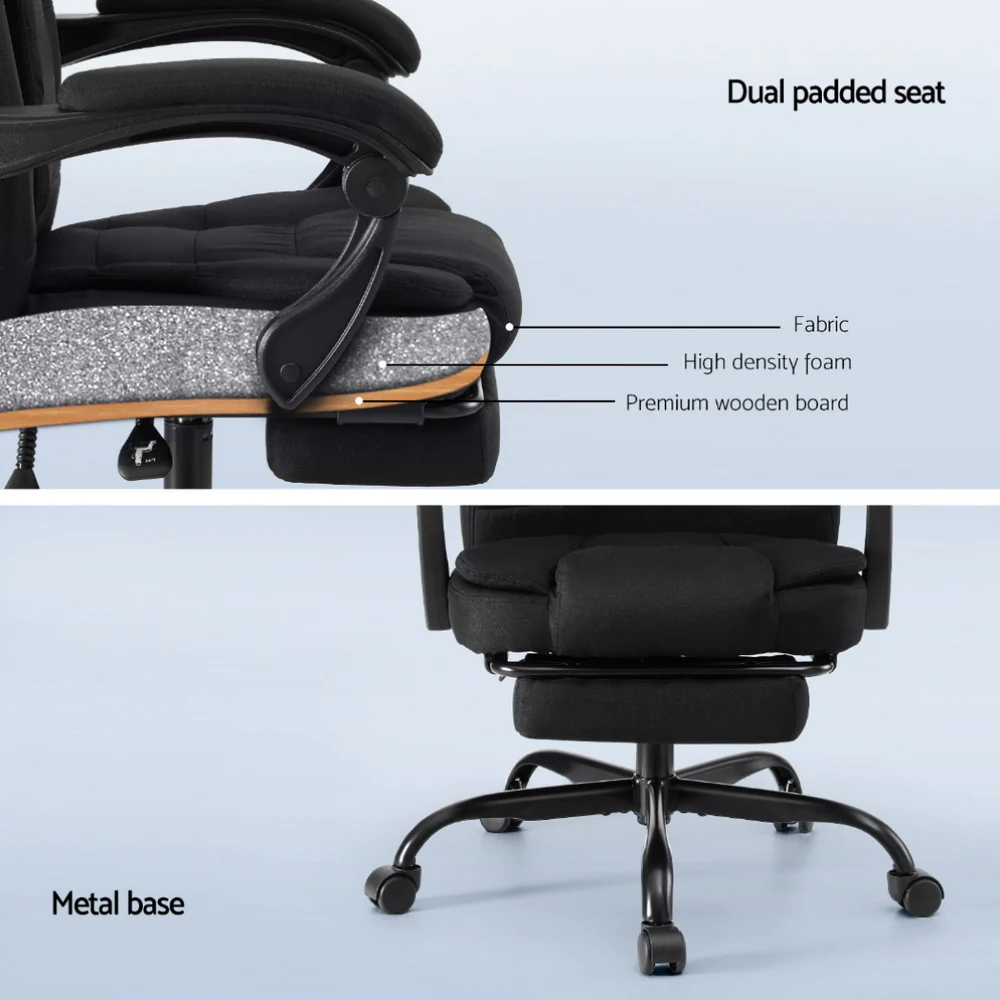 Artiss Office Chair Executive Fabric Seat Footrest Racing Computer Desk Chairs BLACK - Image 6