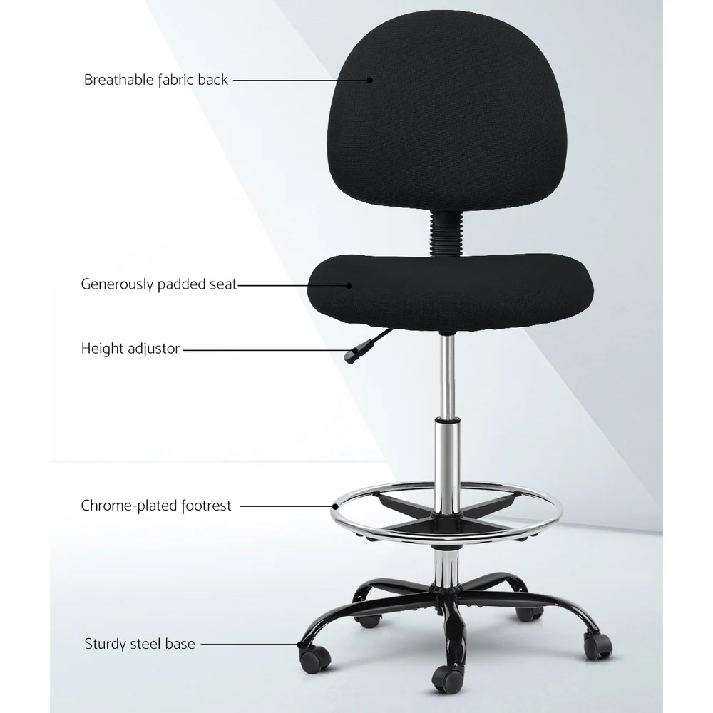 Artiss Office Chair Drafting Stool Fabric Chairs Black - Image 4