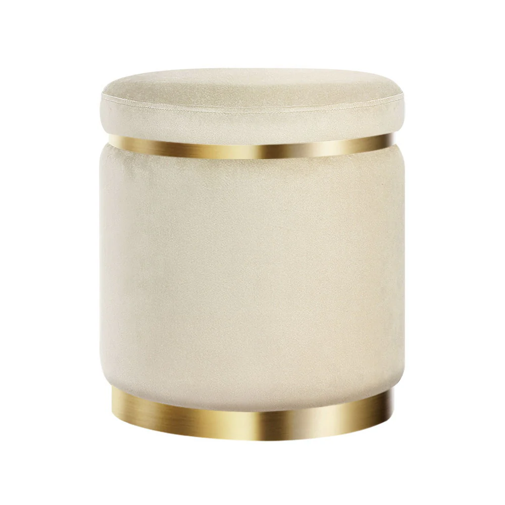 Artiss Ottoman Foot Stool Round Velvet Cream - Image 2
