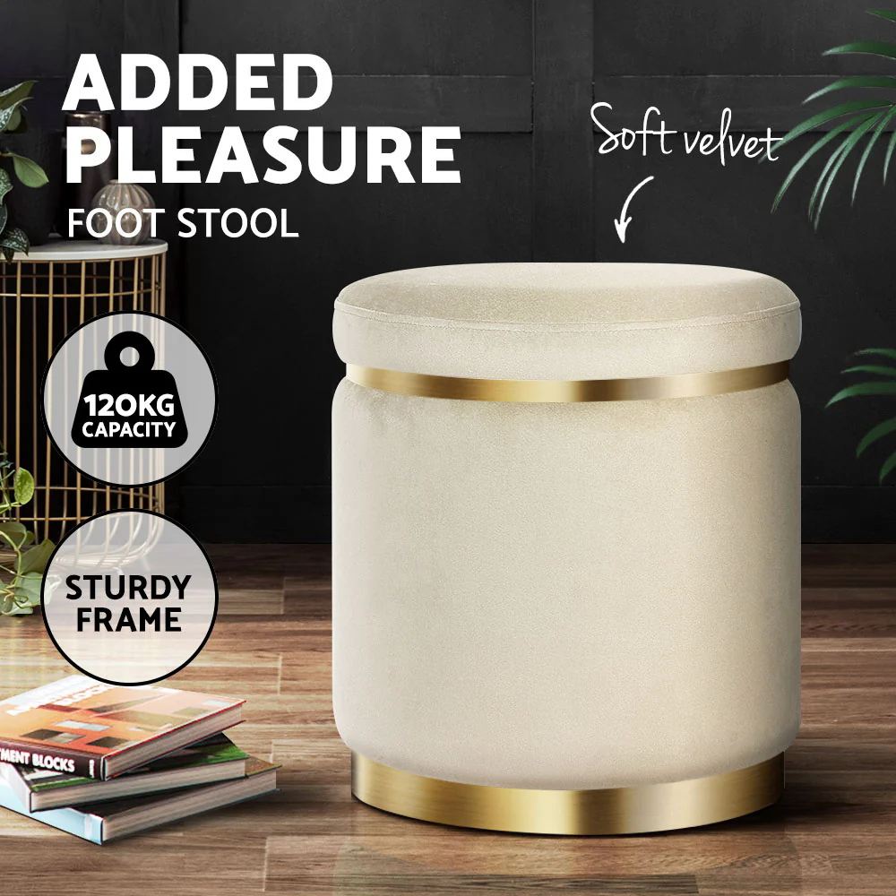 Artiss Ottoman Foot Stool Round Velvet Cream - Image 4