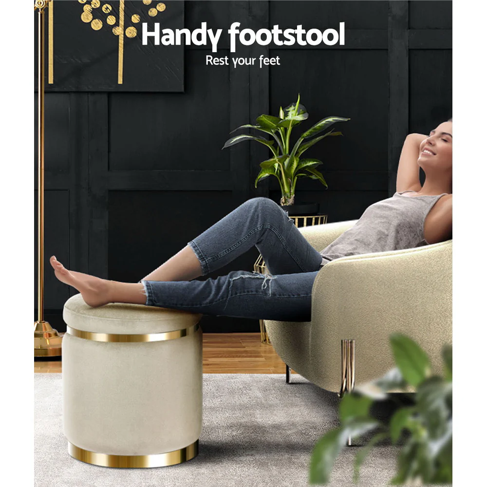 Artiss Ottoman Foot Stool Round Velvet Cream - Image 5
