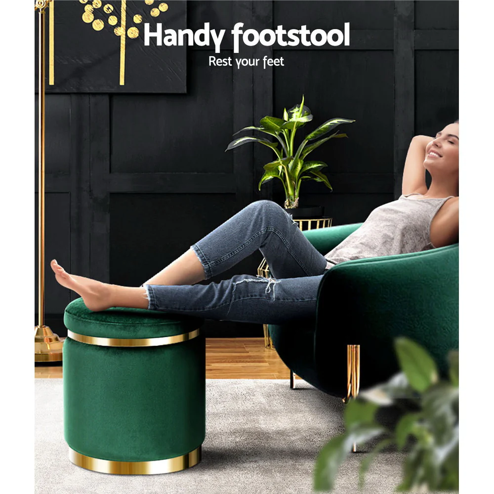Artiss Ottoman Foot Stool Round Velvet Green - Image 5