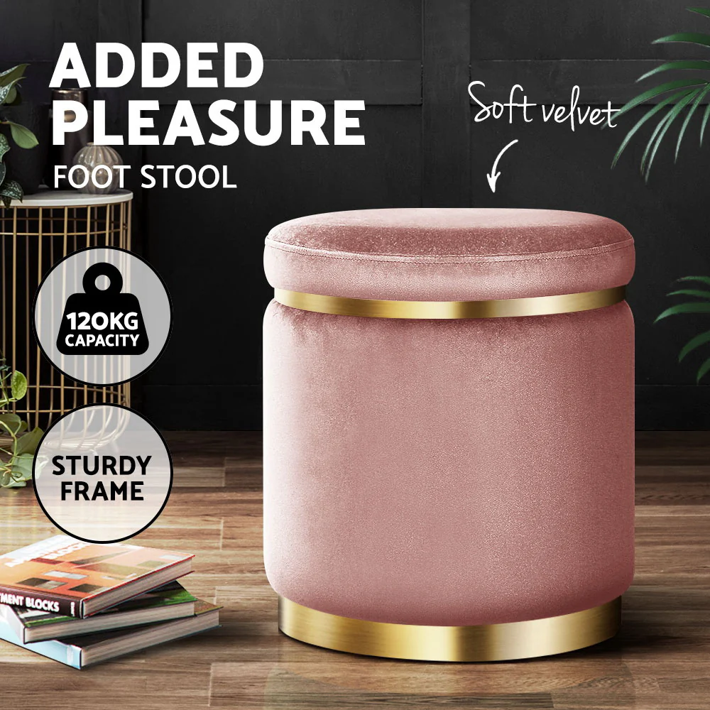 Artiss Ottoman Foot Stool Round Velvet Pink - Image 4