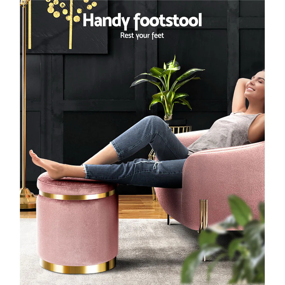 Artiss Ottoman Foot Stool Round Velvet Pink - Image 5