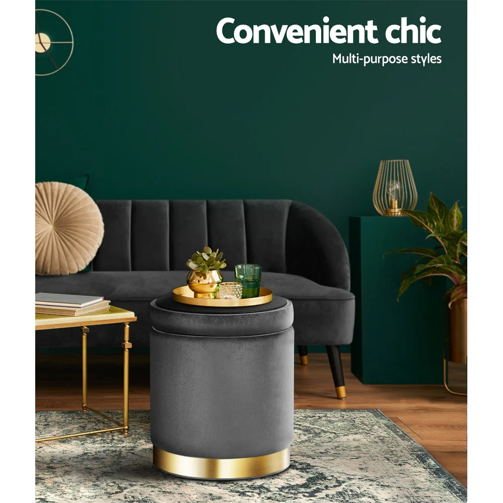 Artiss Ottoman Storage Foot Stool Round Velvet Charcoal - Image 7