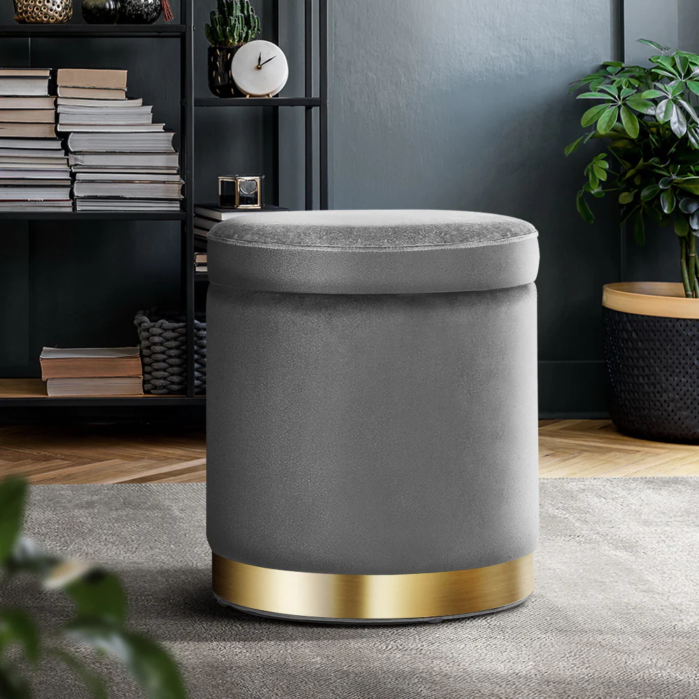 Artiss Ottoman Storage Foot Stool Round Velvet Charcoal - Image 8